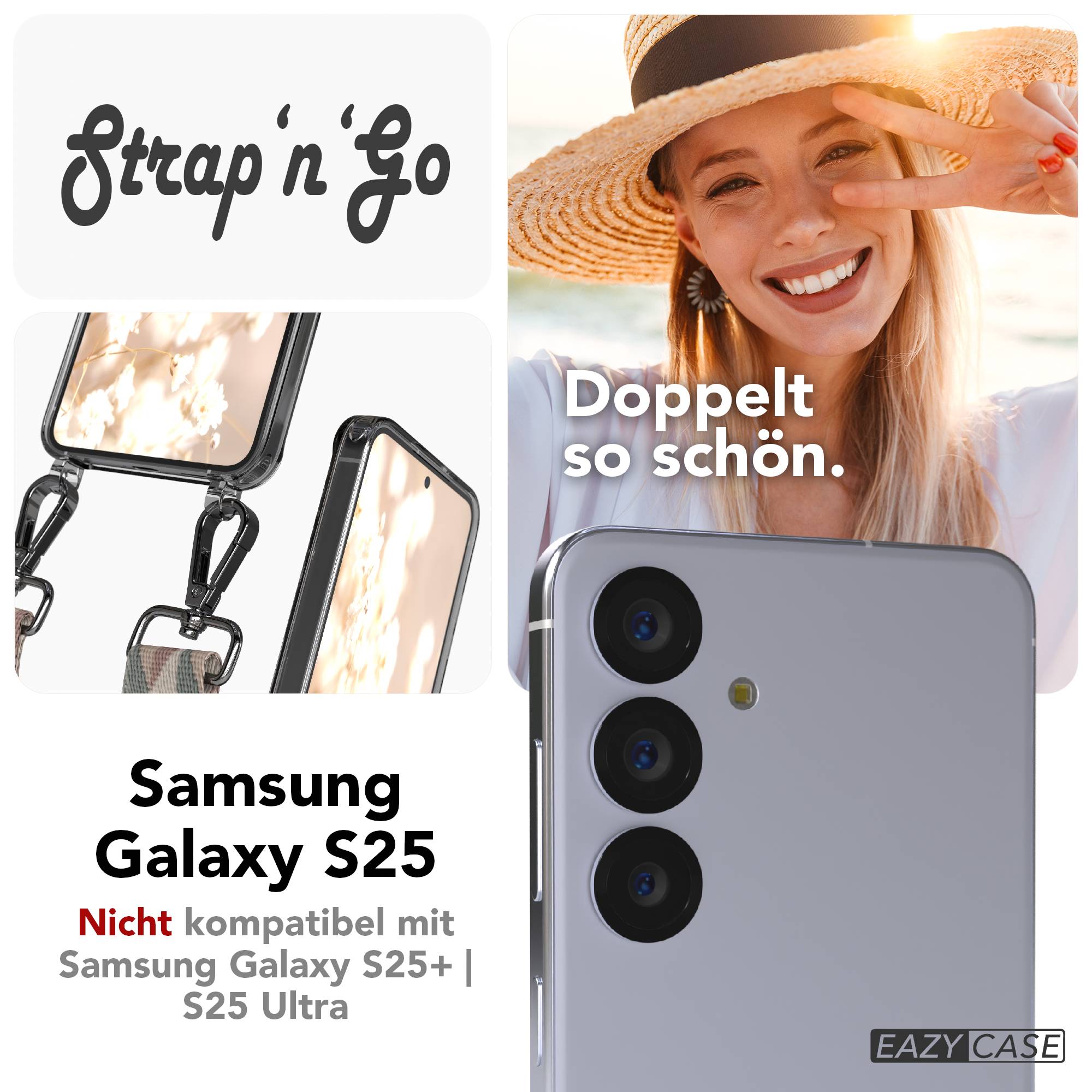 Samsung Galaxy S25 Handykette mit verstellbarem Boho Trageriemen und Metallapplikationen 