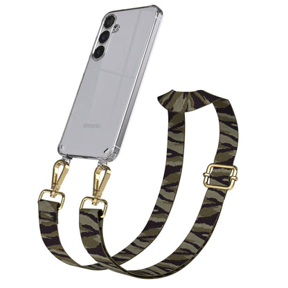 Samsung Galaxy S25 Plus Handykette mit Boho Band verstellbarer Trageriemen #farbe_grun-camouflage-metallfarbe-gold