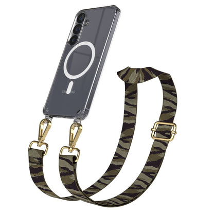 Samsung Galaxy S25 Handykette MagSafe mit verstellbarem Boho Band Set #farbe_grun-camouflage-metallfarbe-gold