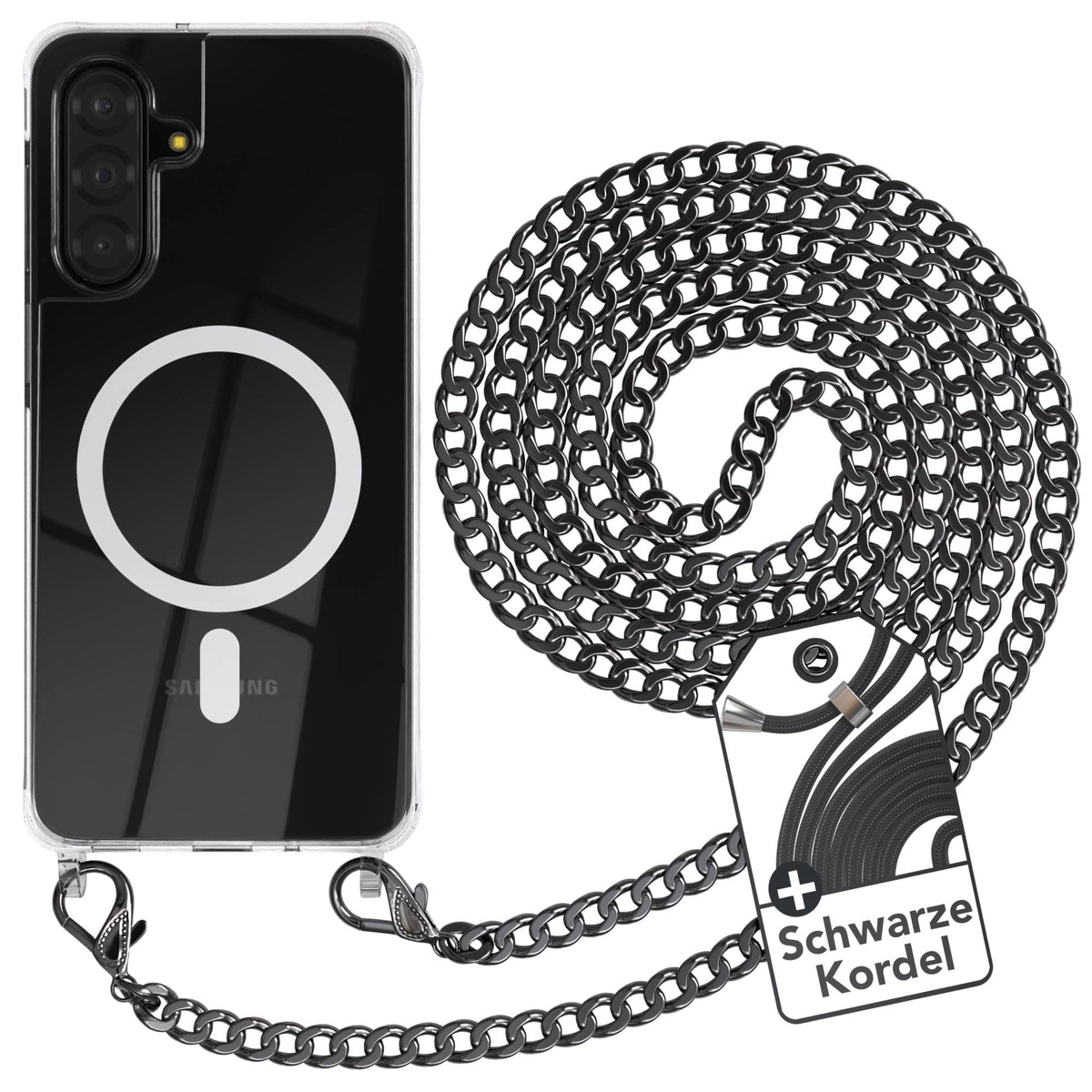 Galaxy A18 Hülle mit Metallkette + Schwarze Kordel mit MagSafe