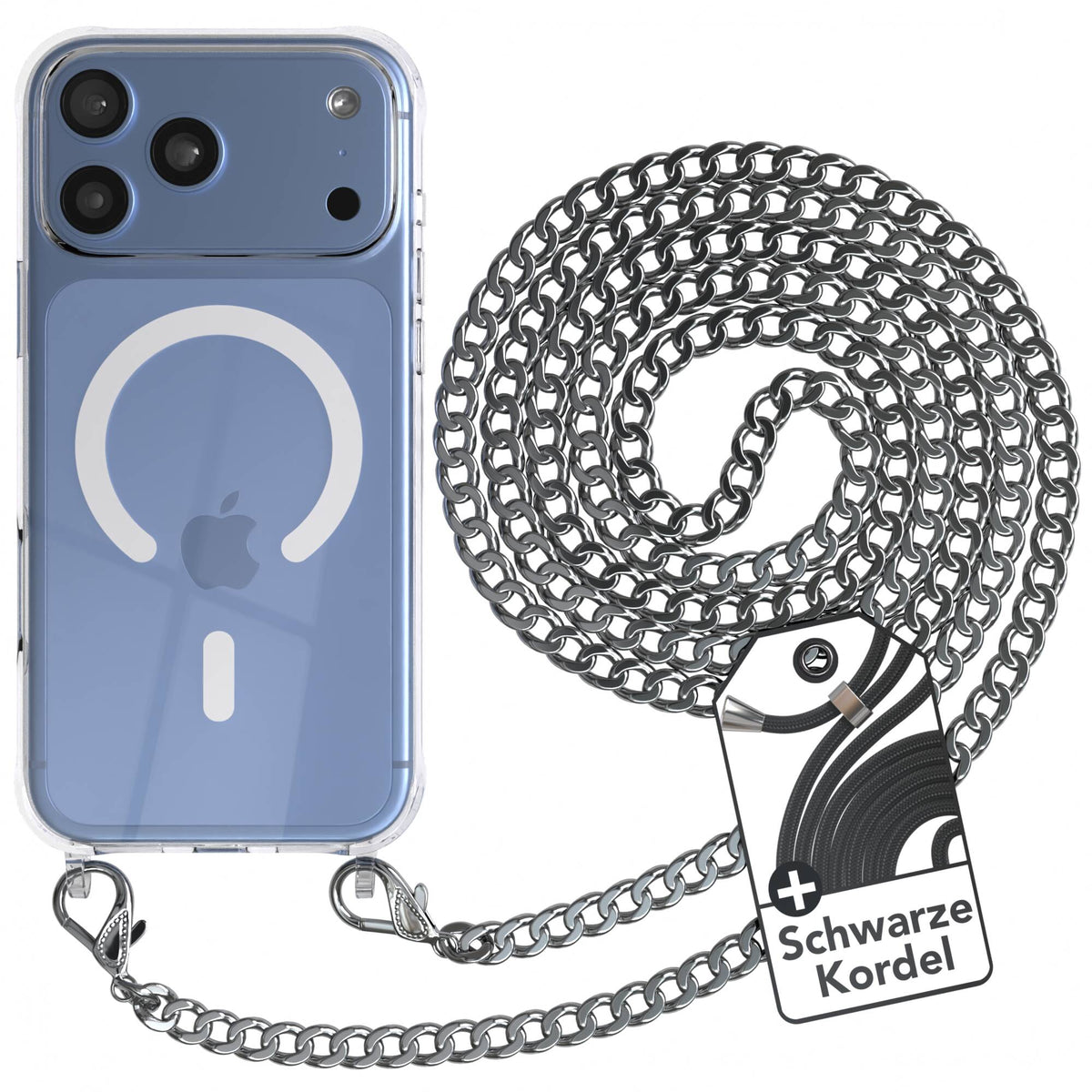 iPhone 18 Pro Max Hülle mit Metallkette + Schwarze Kordel mit MagSafe