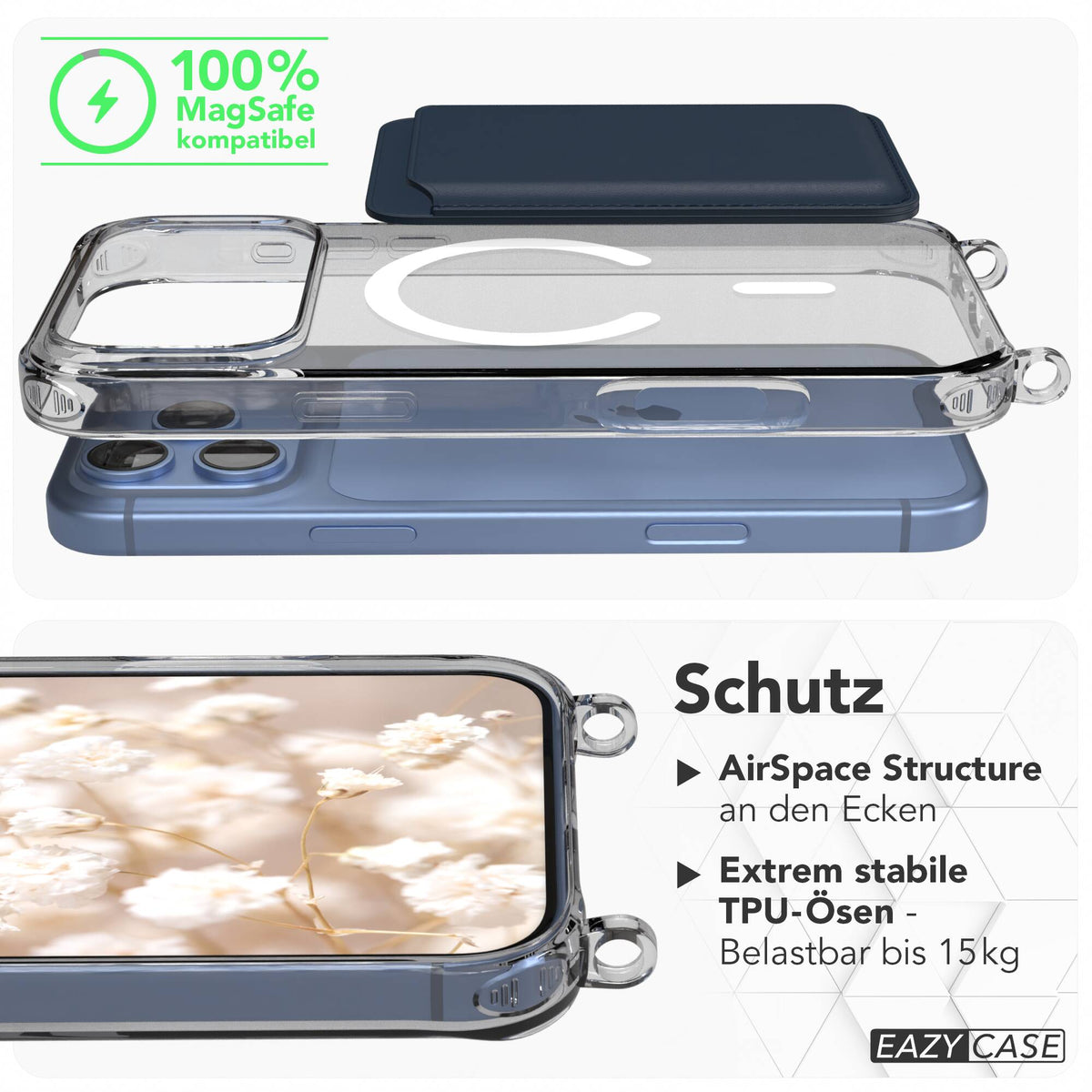 iPhone 18 Pro Max Hülle mit Metallkette + Schwarze Kordel mit MagSafe