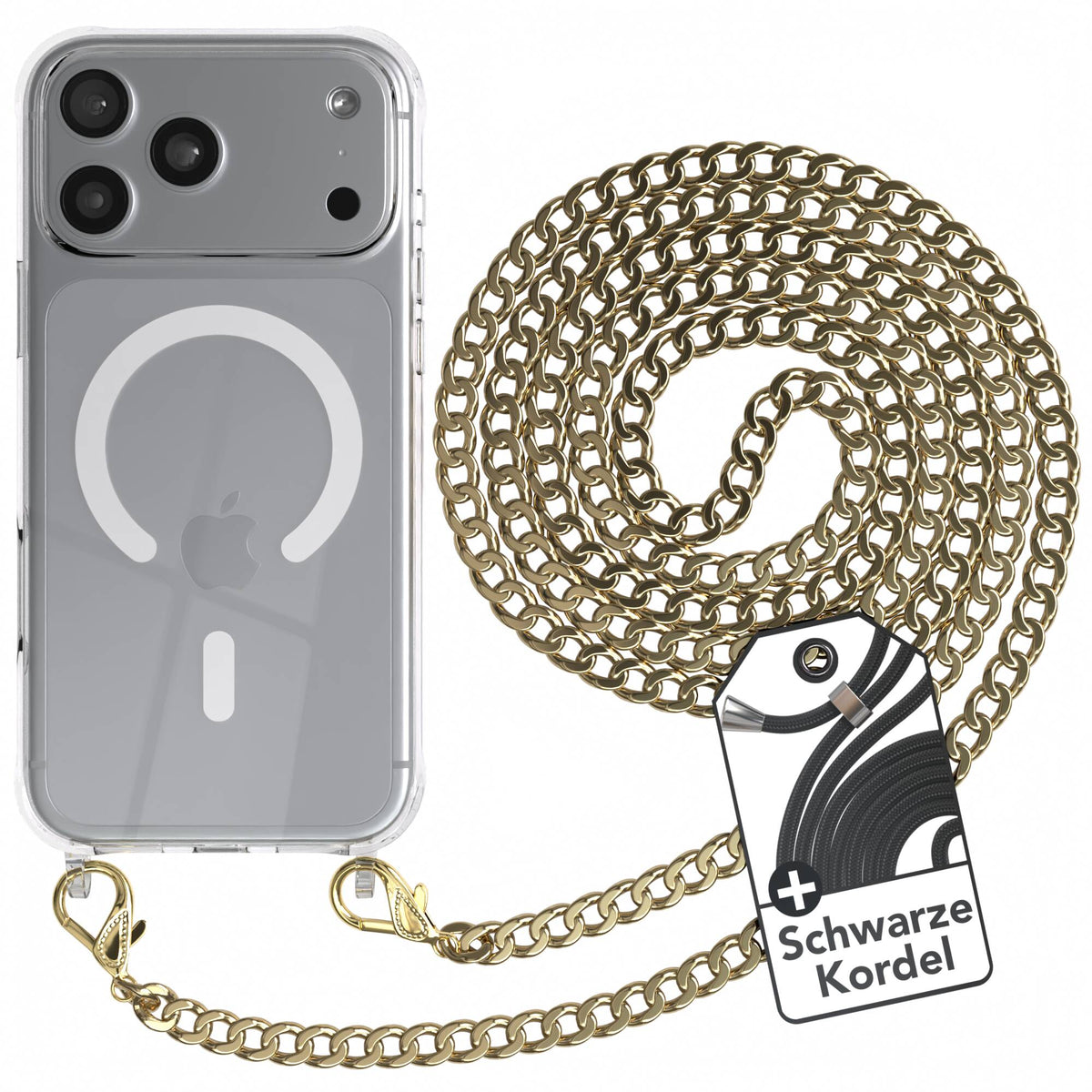 iPhone 18 Pro Max Hülle mit Metallkette + Schwarze Kordel mit MagSafe