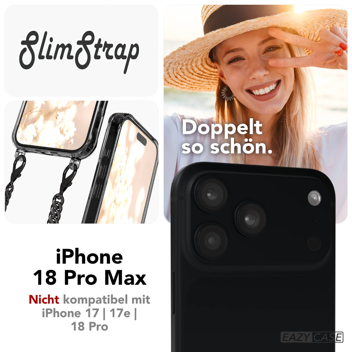 iPhone 18 Pro Max Hülle mit Metallkette + Schwarze Kordel mit MagSafe