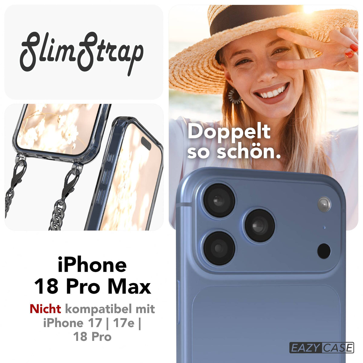 iPhone 18 Pro Max Hülle mit Metallkette + Schwarze Kordel