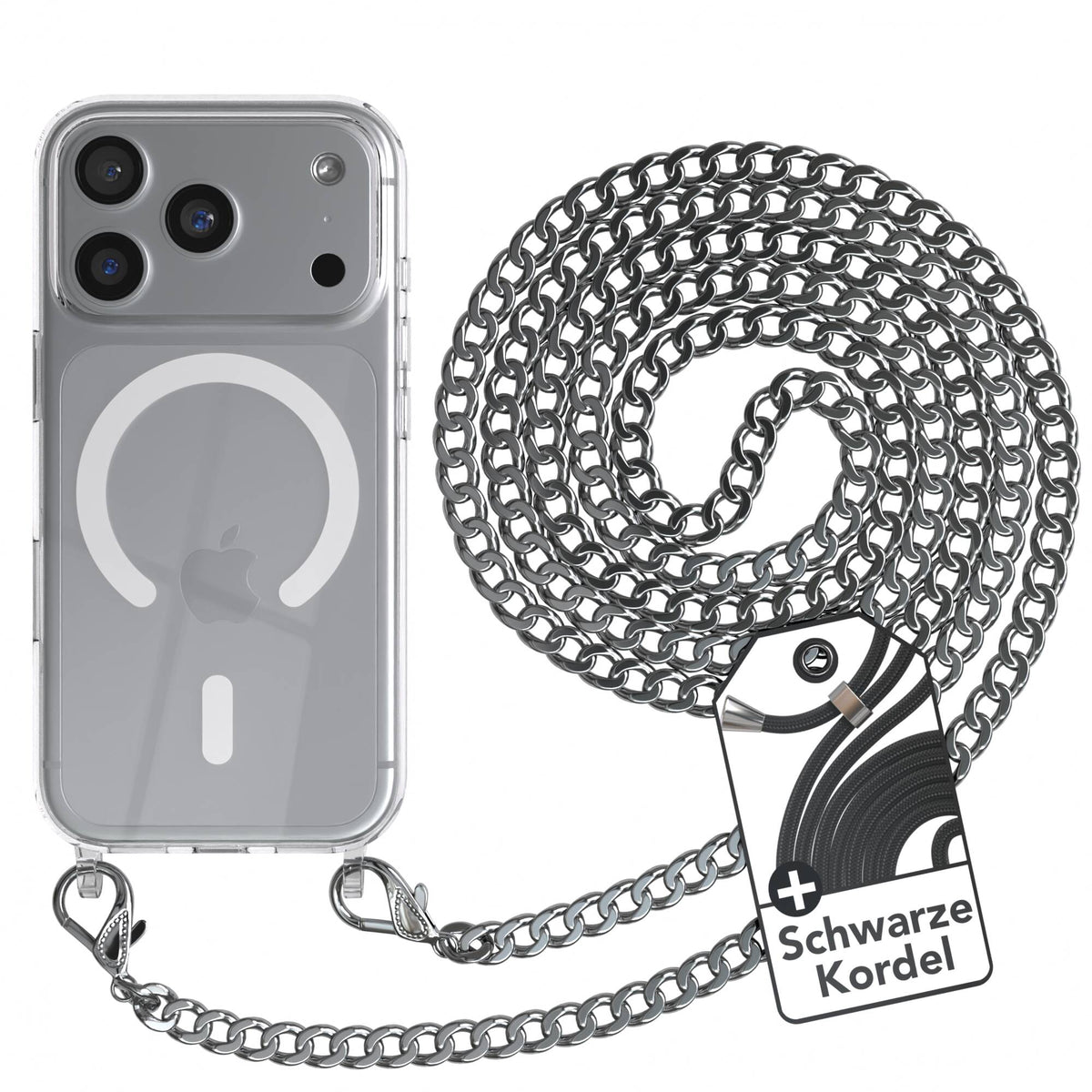 iPhone 18 Pro Hülle mit Metallkette + Schwarze Kordel mit MagSafe