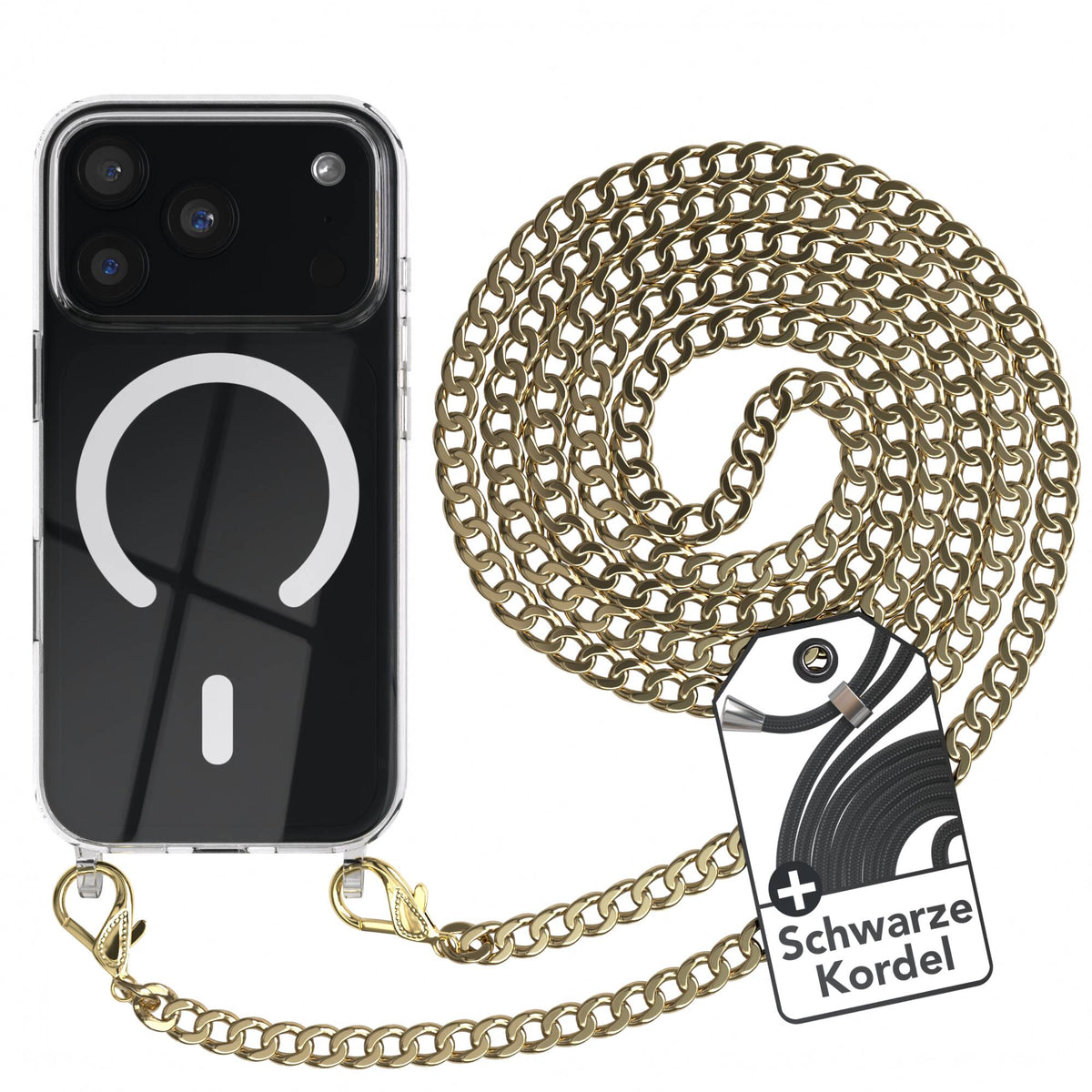 iPhone 18 Pro Hülle mit Metallkette + Schwarze Kordel mit MagSafe