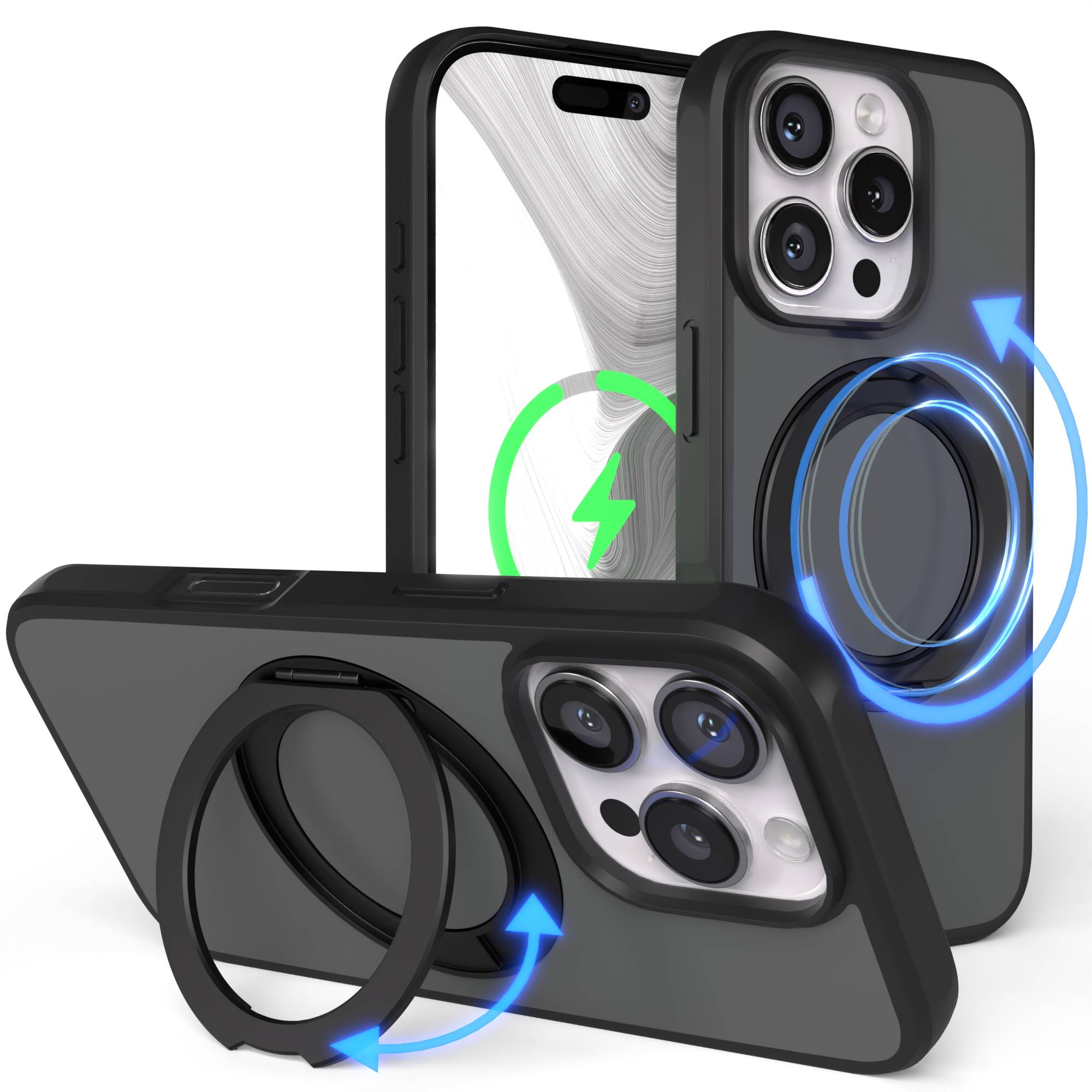 iPhone 16 Pro Bumper Hülle mit drehbarem Ring und MagSafe Funktion #farbe_schwarz
