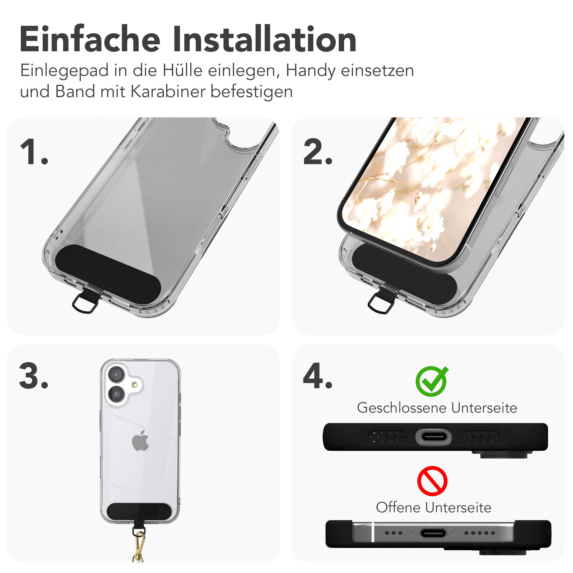 Universal Handykette mit Einlege-Pad und Karabiner für Smartphones 