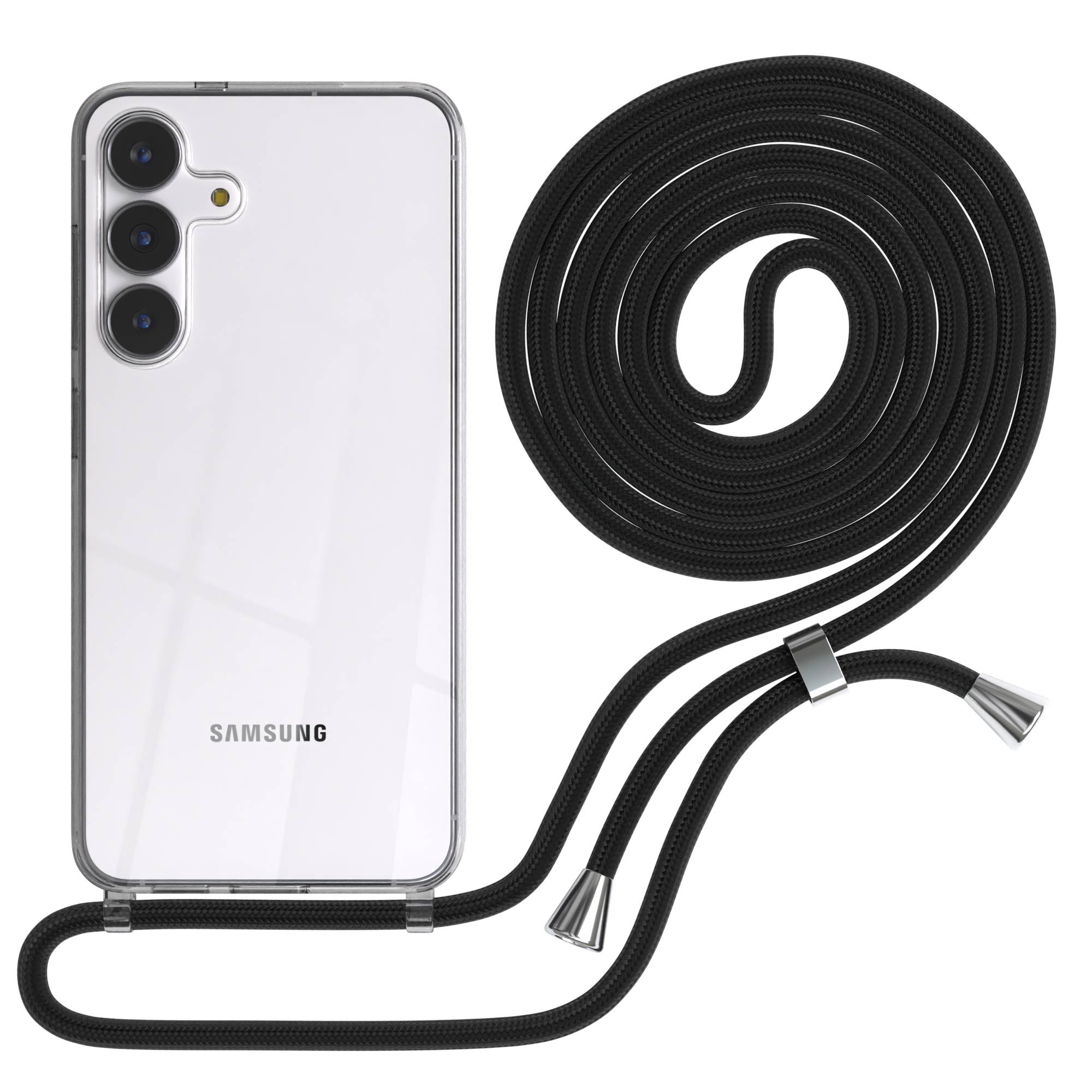 Samsung Galaxy S25 FE transparente Handykette mit verstellbarer Kordel TPU Hülle #farbe_schwarz-clips-silber
