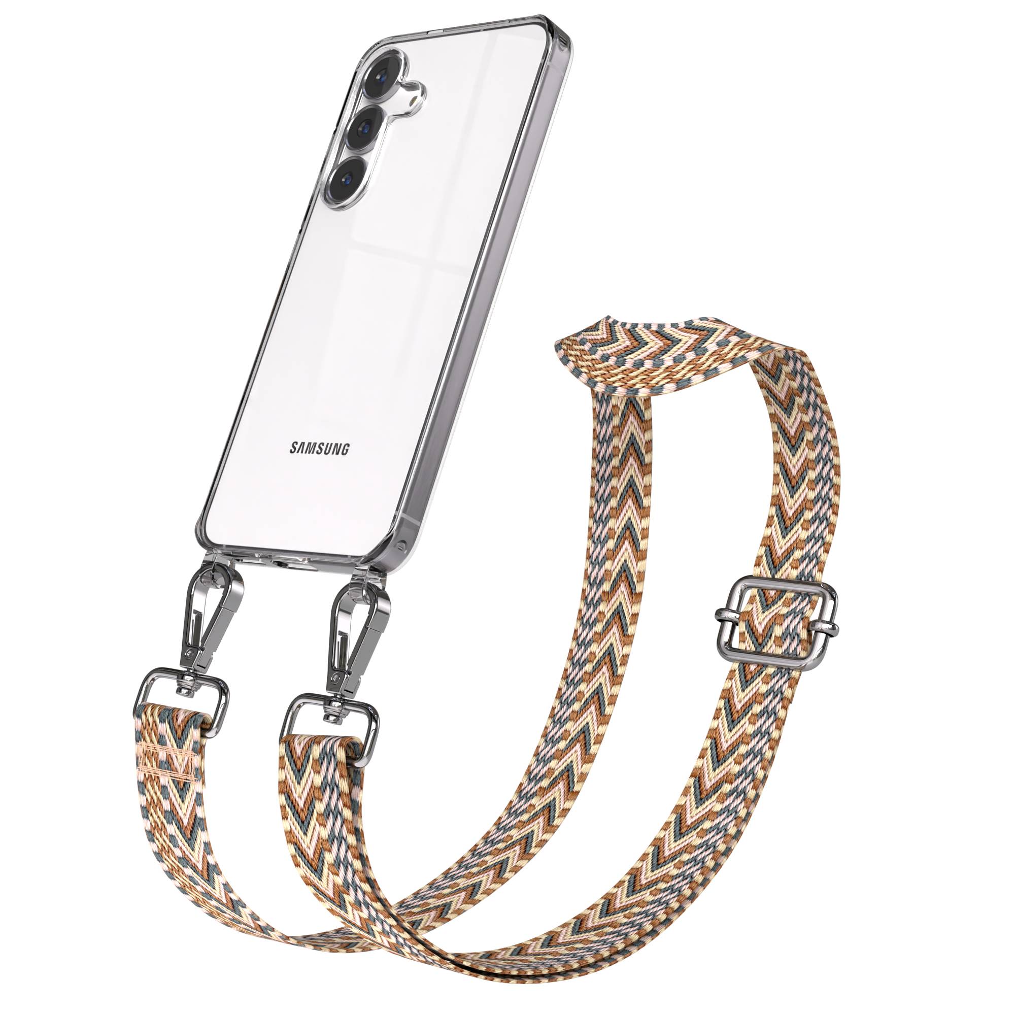 Samsung Galaxy S25 FE Handykette mit verstellbarem Boho Band Set #farbe_hellbraun-braun-metallfarbe-silber