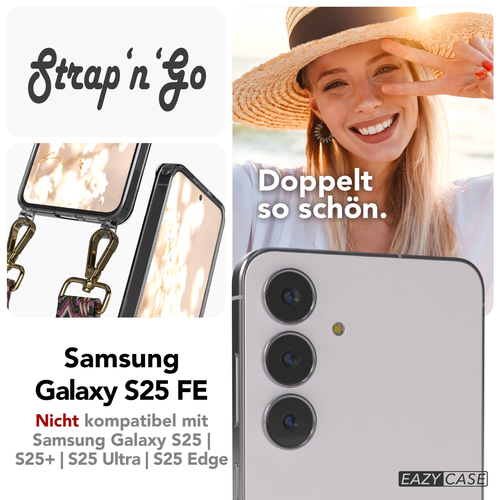 Samsung Galaxy S25 FE Handykette mit verstellbarem Boho Band Set #farbe_beere-rosa-metallfarbe-gold