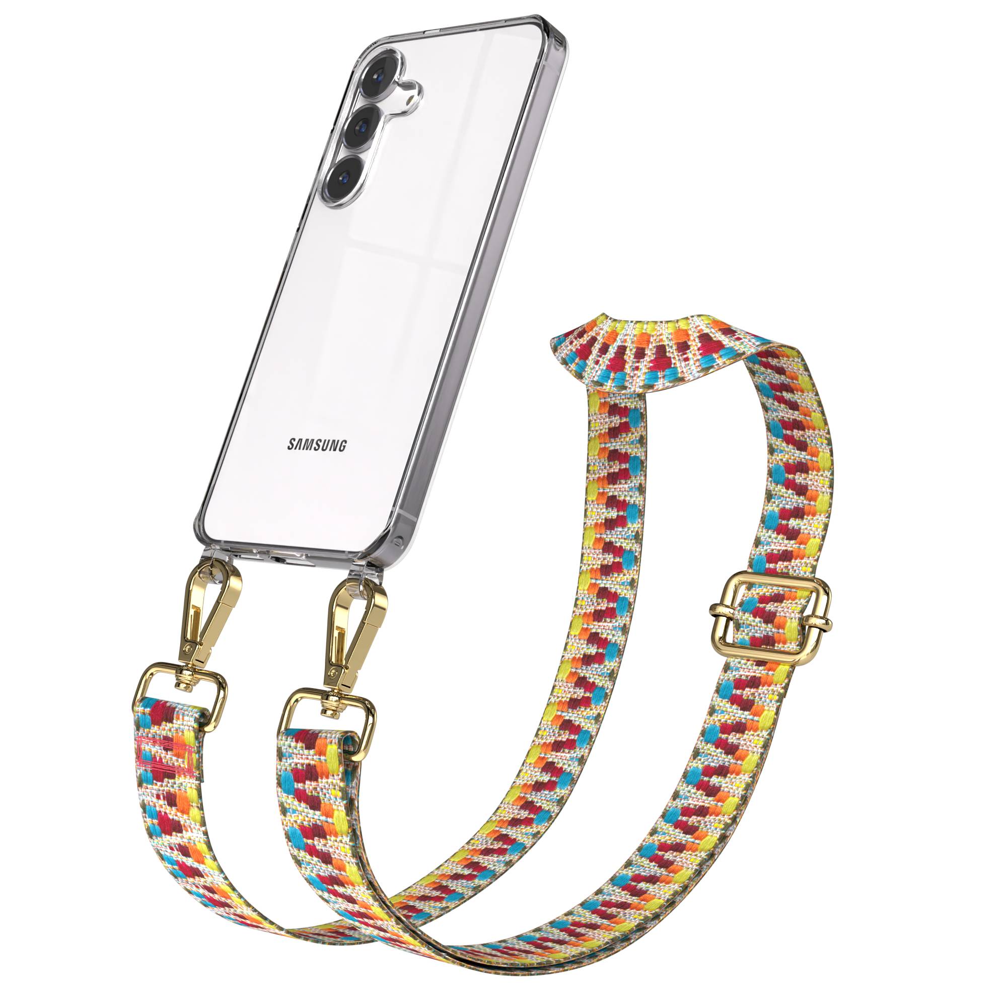 Samsung Galaxy S25 FE Handykette mit verstellbarem Boho Band Set #farbe_regenbogen-metallfarbe-gold