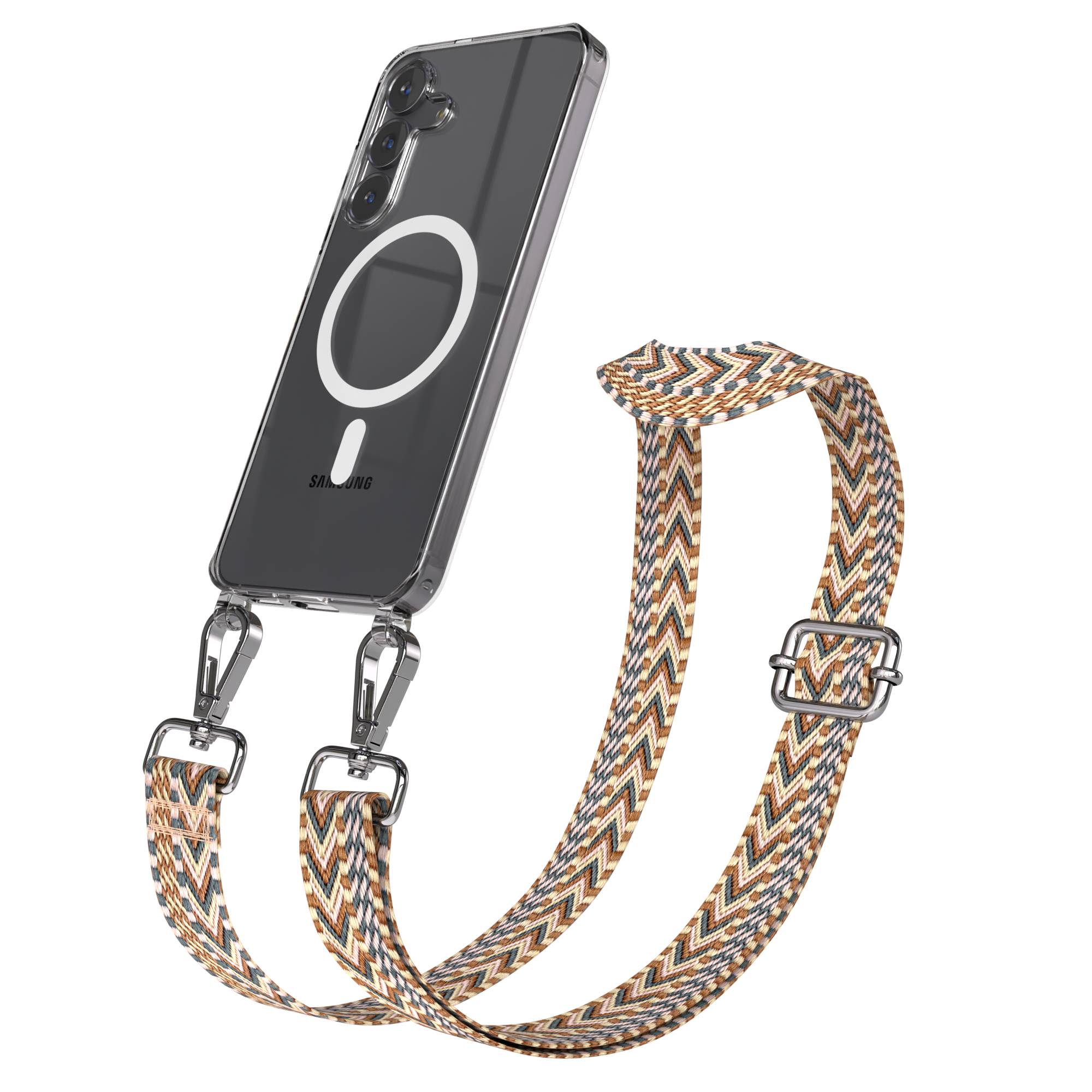 Samsung Galaxy S25 FE Handykette MagSafe mit Boho Band verstellbar #farbe_hellbraun-braun-metallfarbe-silber