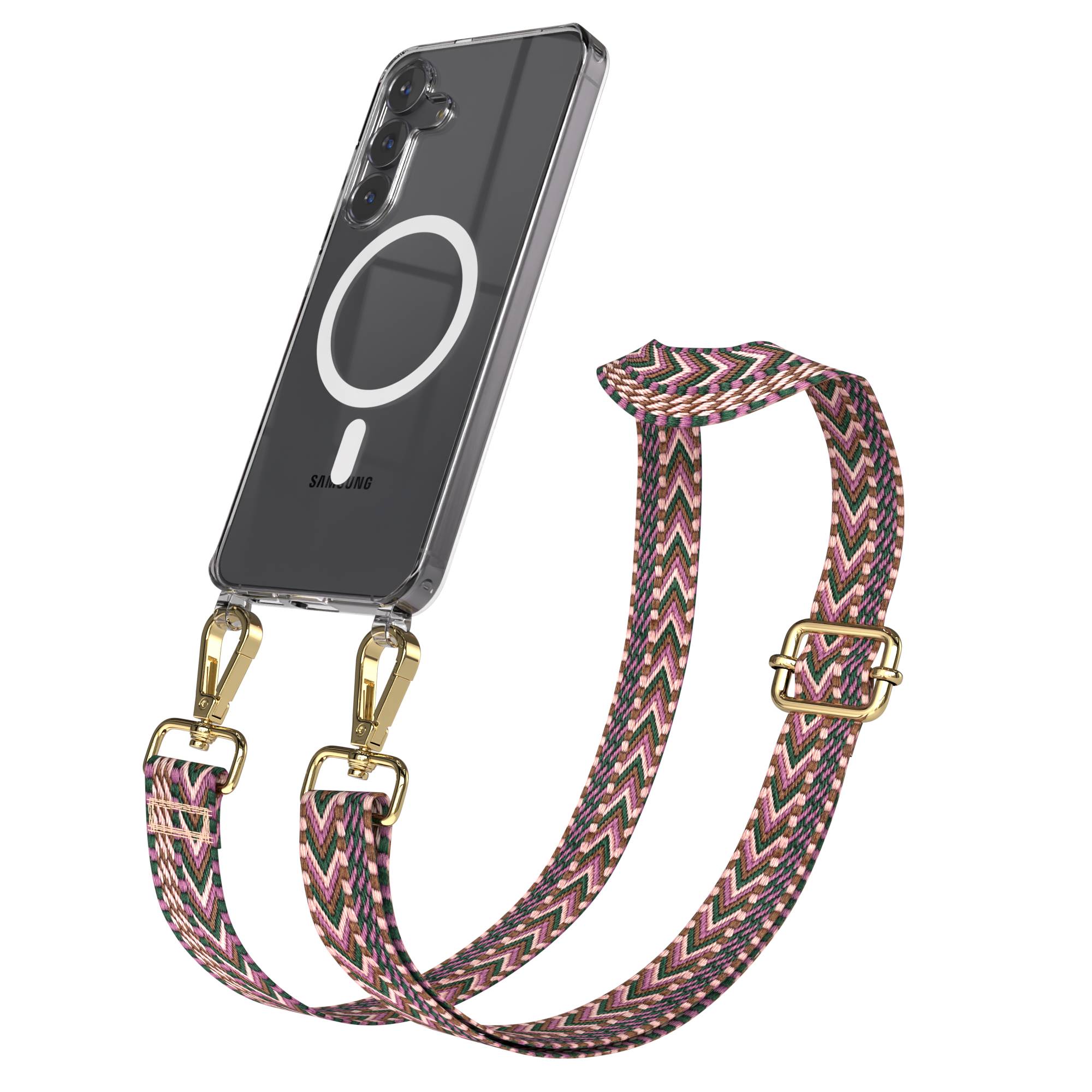 Samsung Galaxy S25 FE Handykette MagSafe mit Boho Band verstellbar #farbe_beere-rosa-metallfarbe-gold