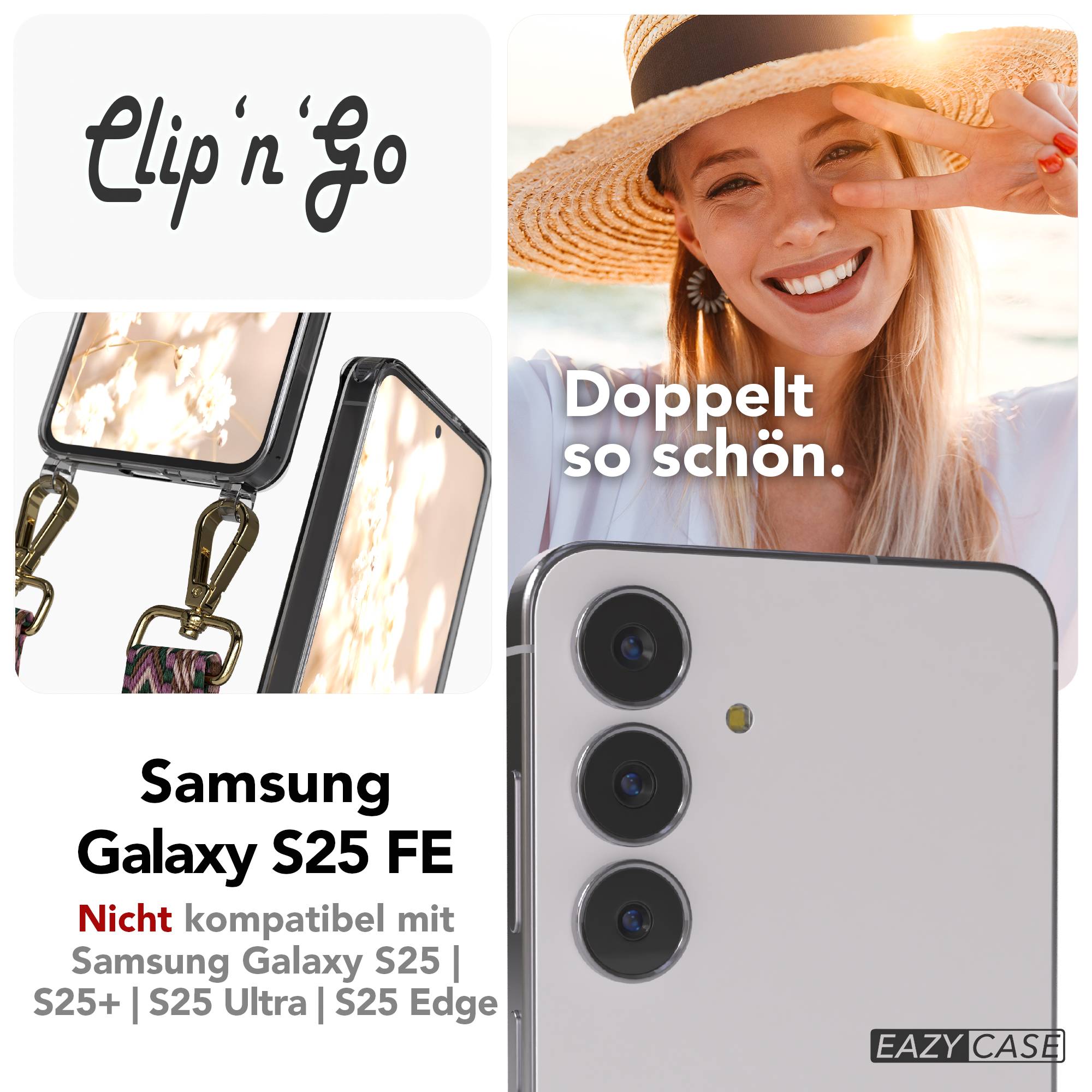 Samsung Galaxy S25 FE Handykette MagSafe mit Boho Band verstellbar #farbe_beere-rosa-metallfarbe-gold