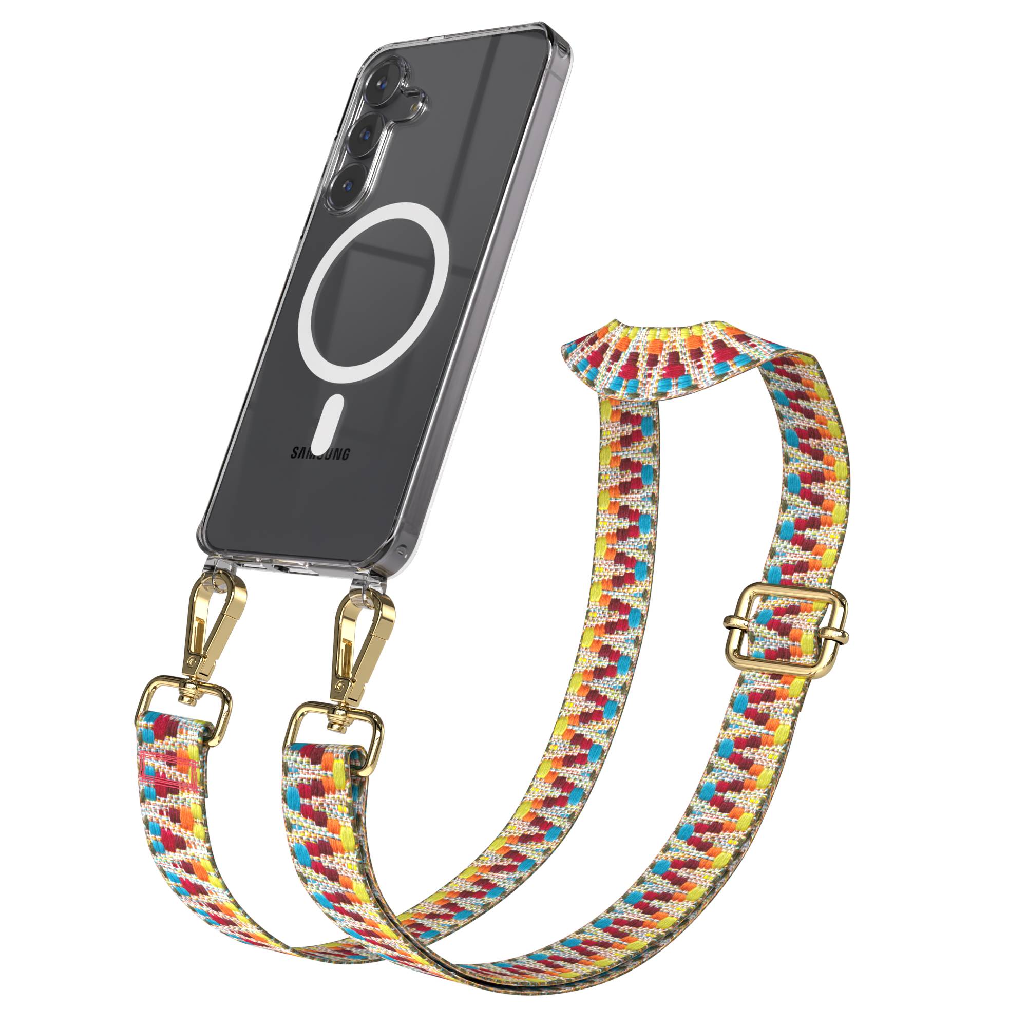 Samsung Galaxy S25 FE Handykette MagSafe mit verstellbarem Boho Band #farbe_regenbogen-metallfarbe-gold
