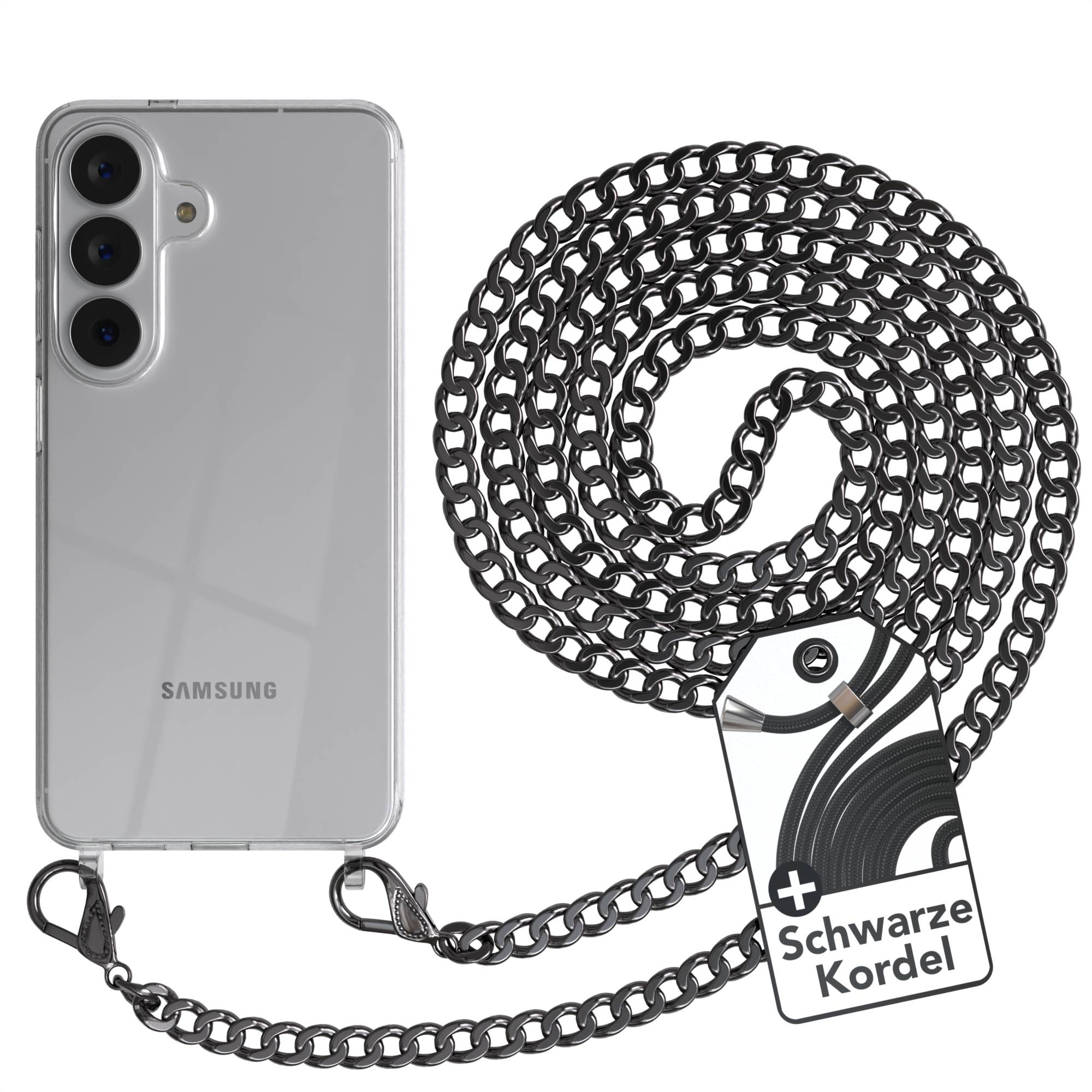 Samsung Galaxy S26 Handykette mit schwarzer Kordel und Metallkette #farbe_grau