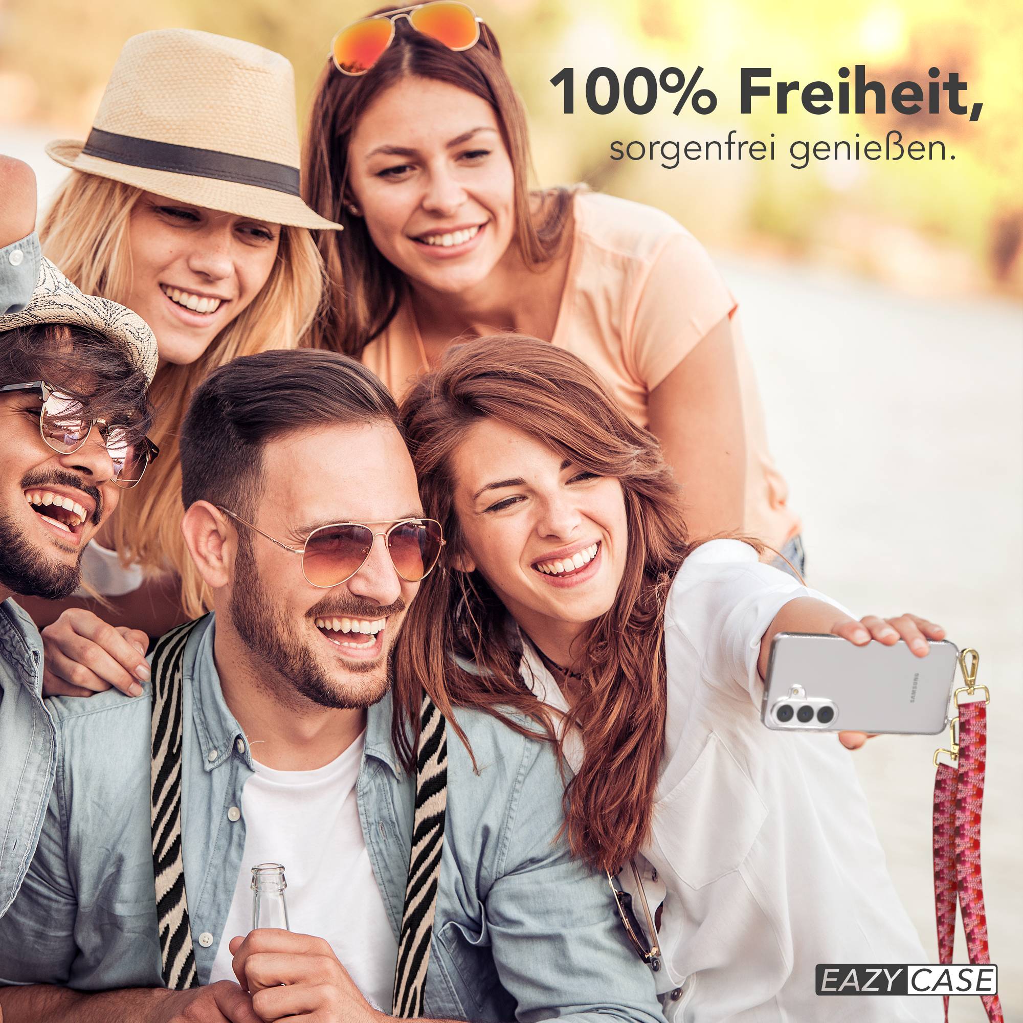 Samsung Galaxy S26 Handykette mit verstellbarem Boho Band Umhängegurt #farbe_beere-metallfarbe-gold
