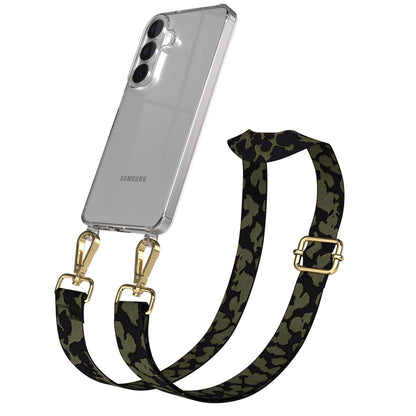 Samsung Galaxy S26 Handykette mit verstellbarem Boho Band Umhängeband #farbe_dunkelgrun-camouflage-metallfarbe-gold