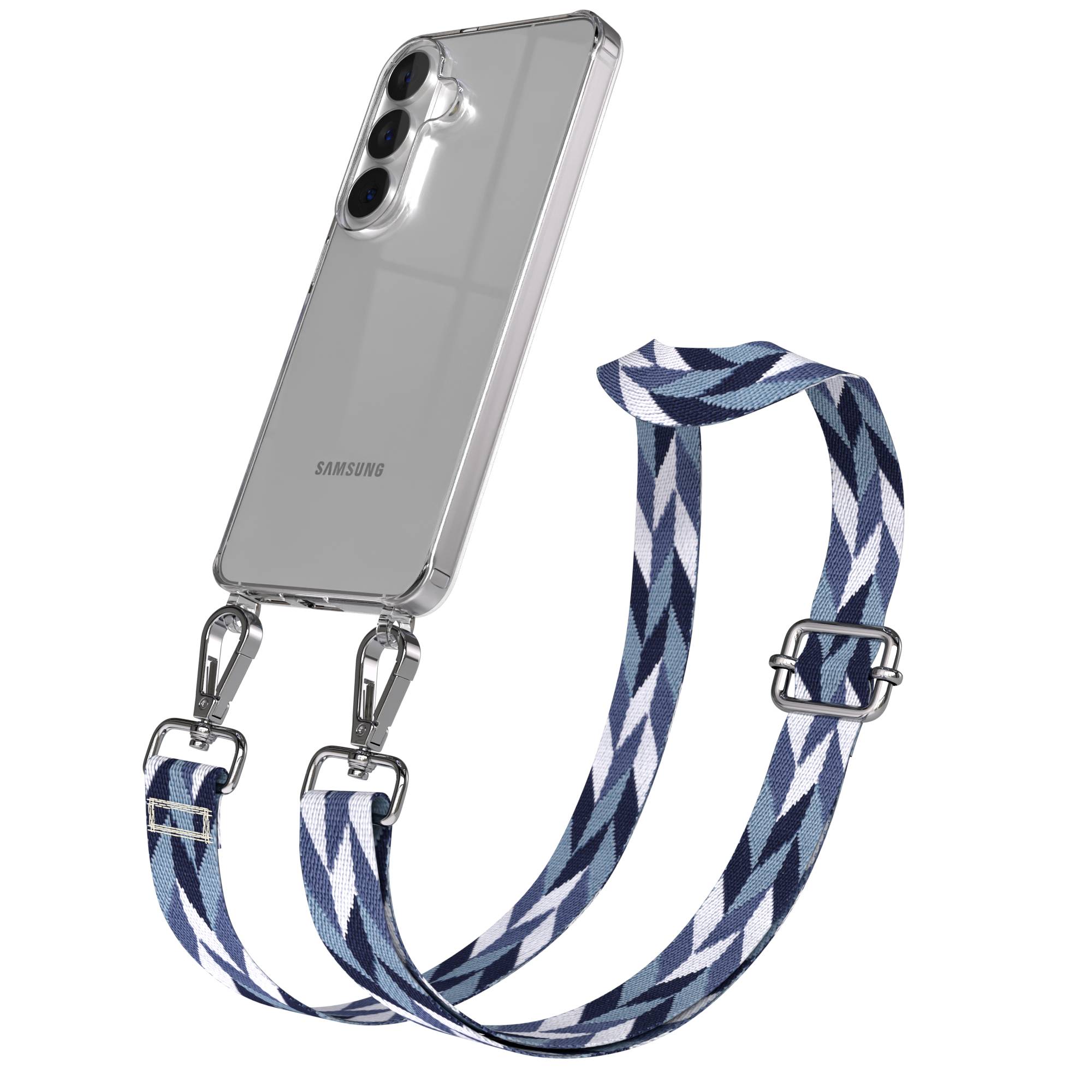 Samsung Galaxy S26 Handykette mit verstellbarem Boho Band Umhängeband #farbe_blau-mix-metallfarbe-silber
