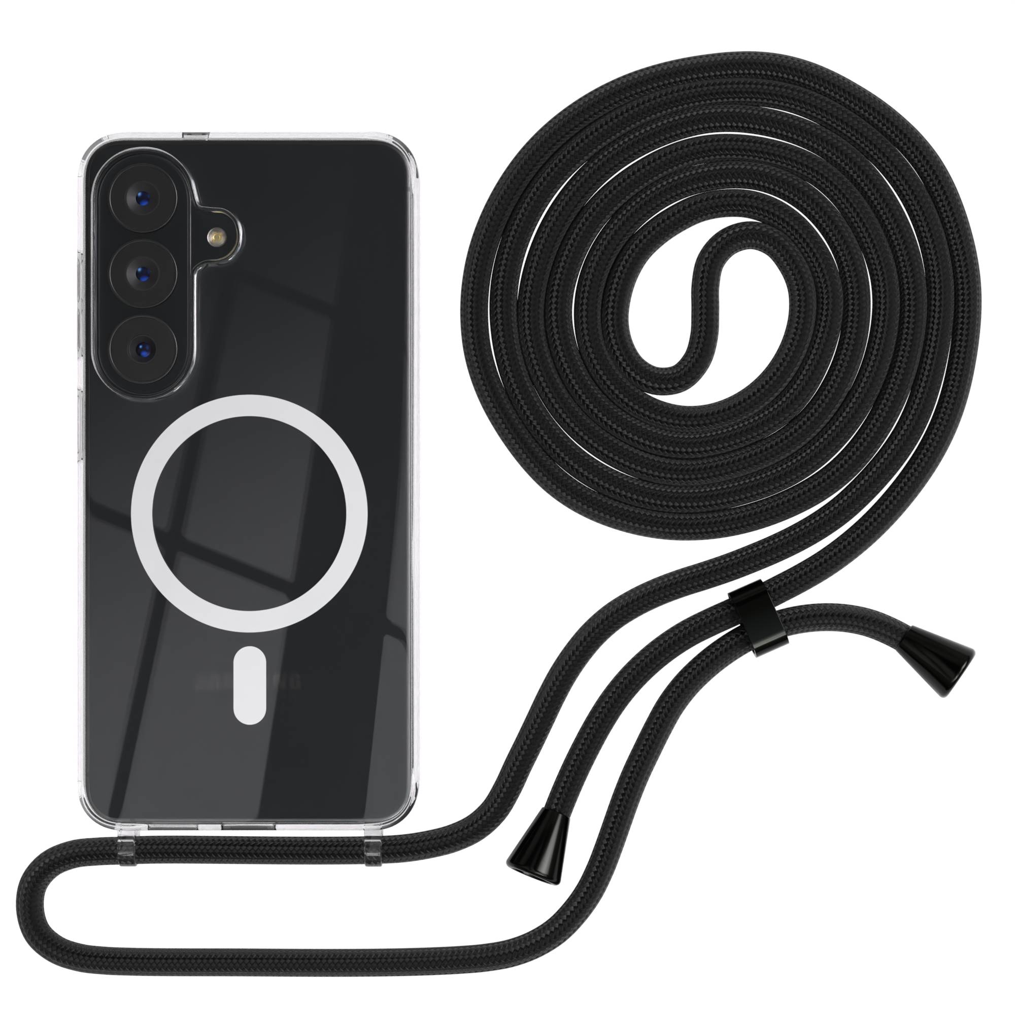 Samsung Galaxy S26 transparente Handykette mit MagSafe Funktion und verstellbarer Kordel #farbe_schwarz-clips-silber