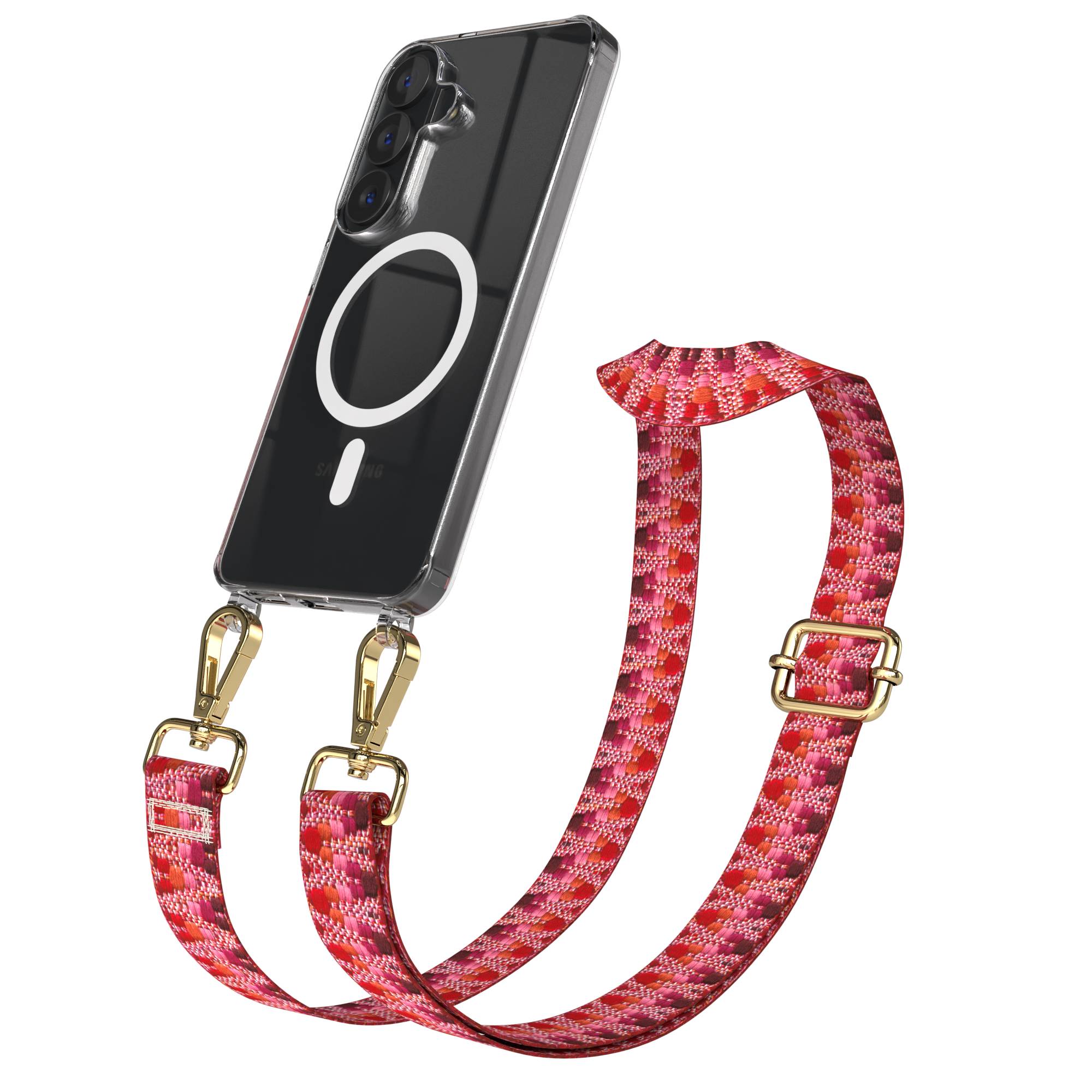Samsung Galaxy S26 Handykette MagSafe mit Boho Band verstellbar #farbe_beere-metallfarbe-gold