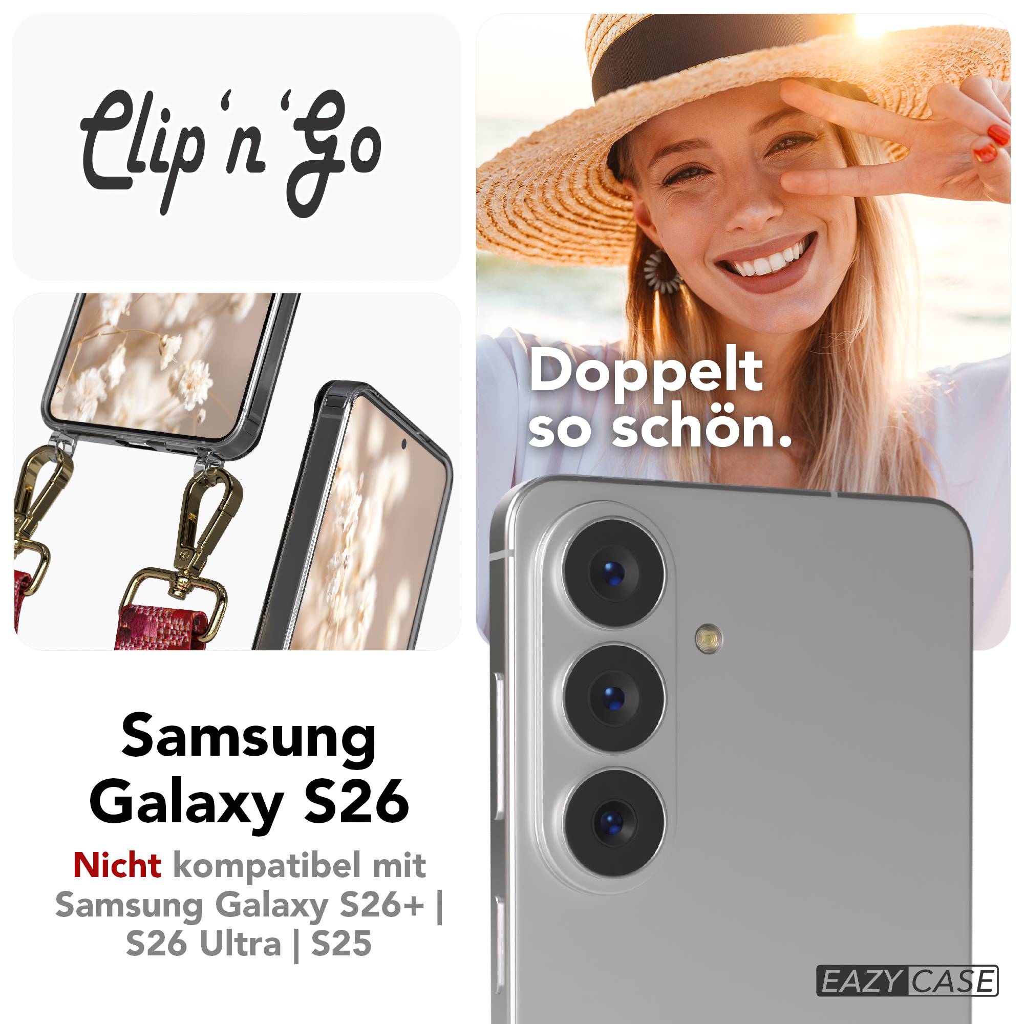 Samsung Galaxy S26 Handykette MagSafe mit Boho Band verstellbar #farbe_beere-metallfarbe-gold