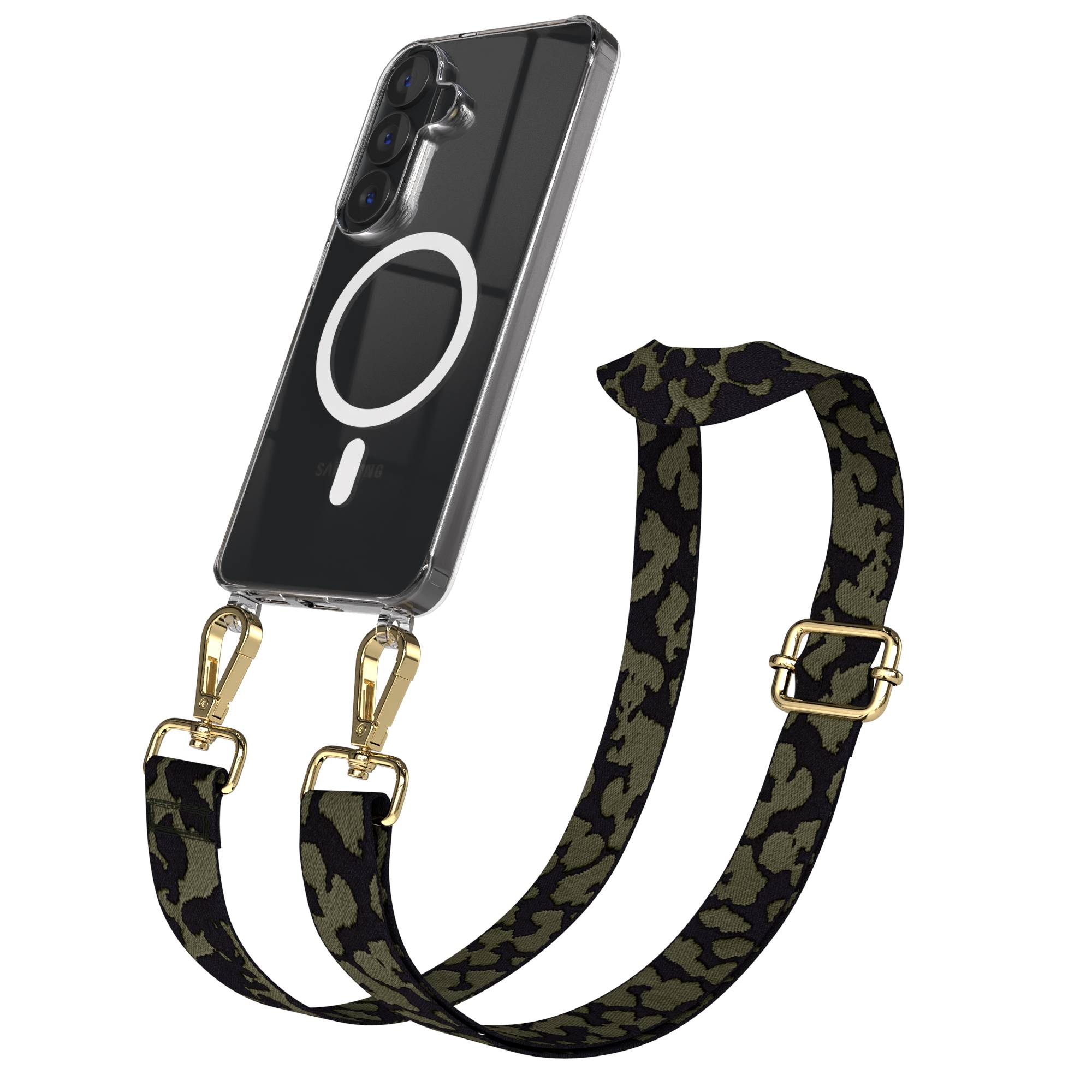 Samsung Galaxy S26 MagSafe Handykette mit verstellbarem Boho Band Set #farbe_dunkelgrun-camouflage-metallfarbe-gold