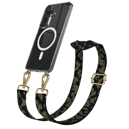 Samsung Galaxy S26 MagSafe Handykette mit verstellbarem Boho Band Set #farbe_dunkelgrun-camouflage-metallfarbe-gold