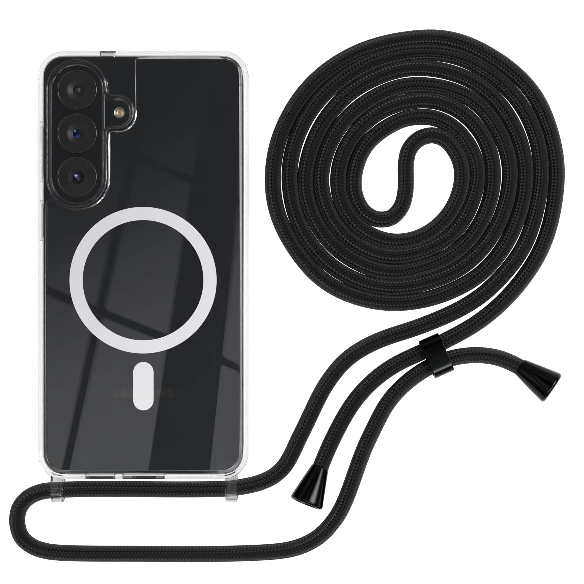 Samsung Galaxy S26 Plus transparente Handykette mit Kordel MagSafe TPU Hülle #farbe_schwarz-clips-silber