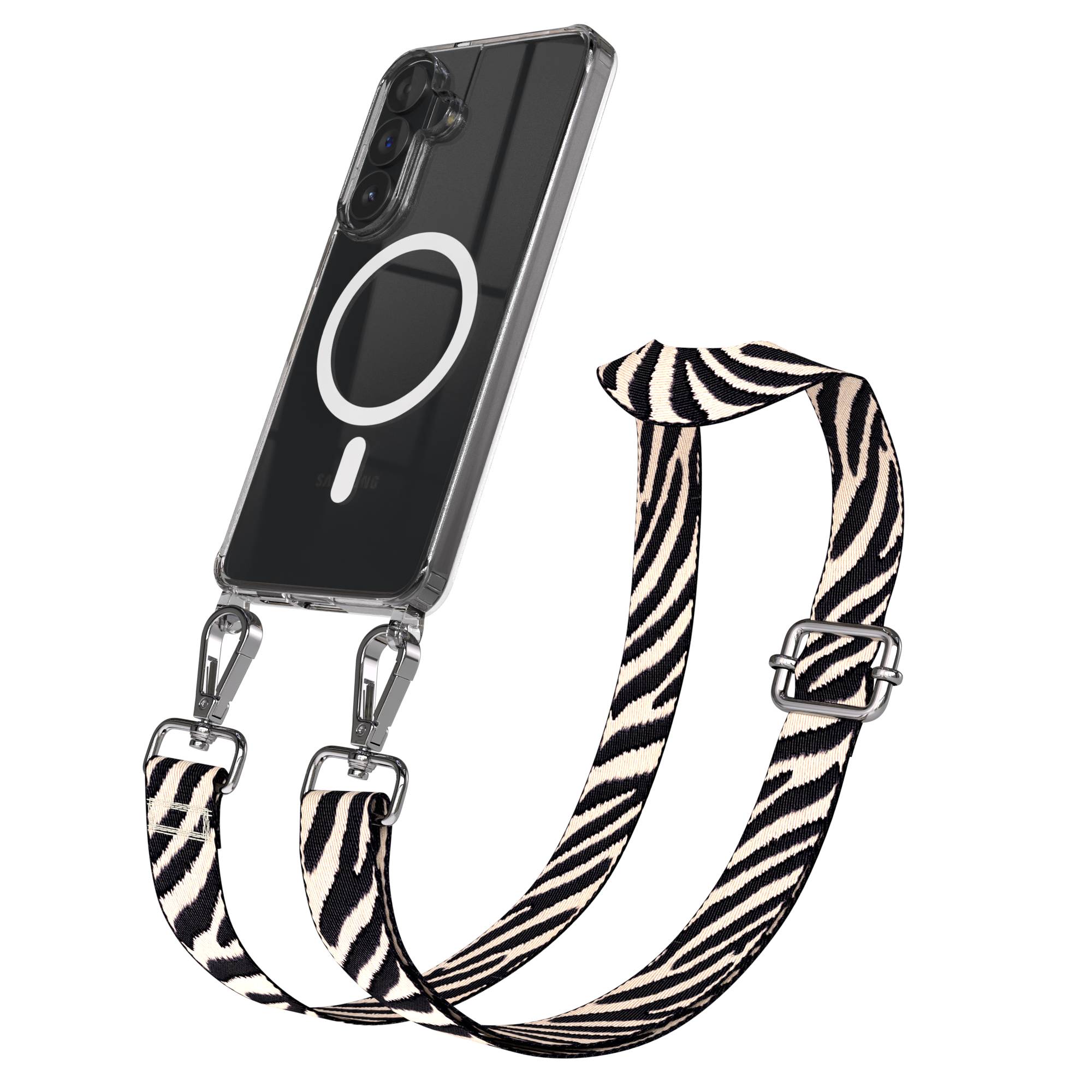 Samsung Galaxy S26 Plus Handykette MagSafe Boho Band verstellbar #farbe_hellbraun-braun-metallfarbe-silber