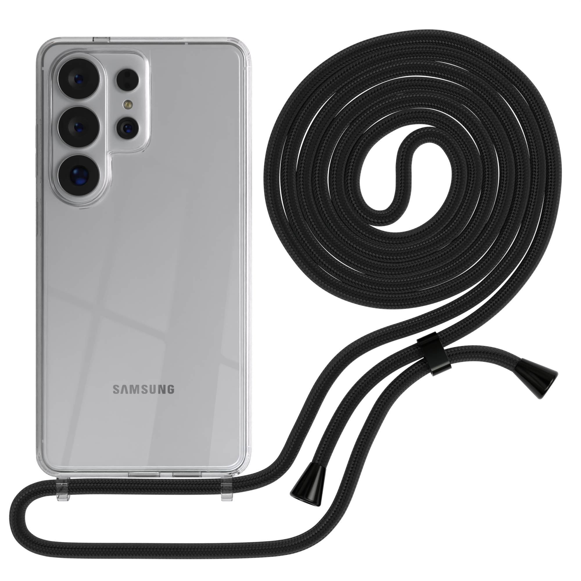 Samsung Galaxy S26 Ultra transparente Handykette mit verstellbarer Kordel TPU Hülle #farbe_schwarz-clips-silber