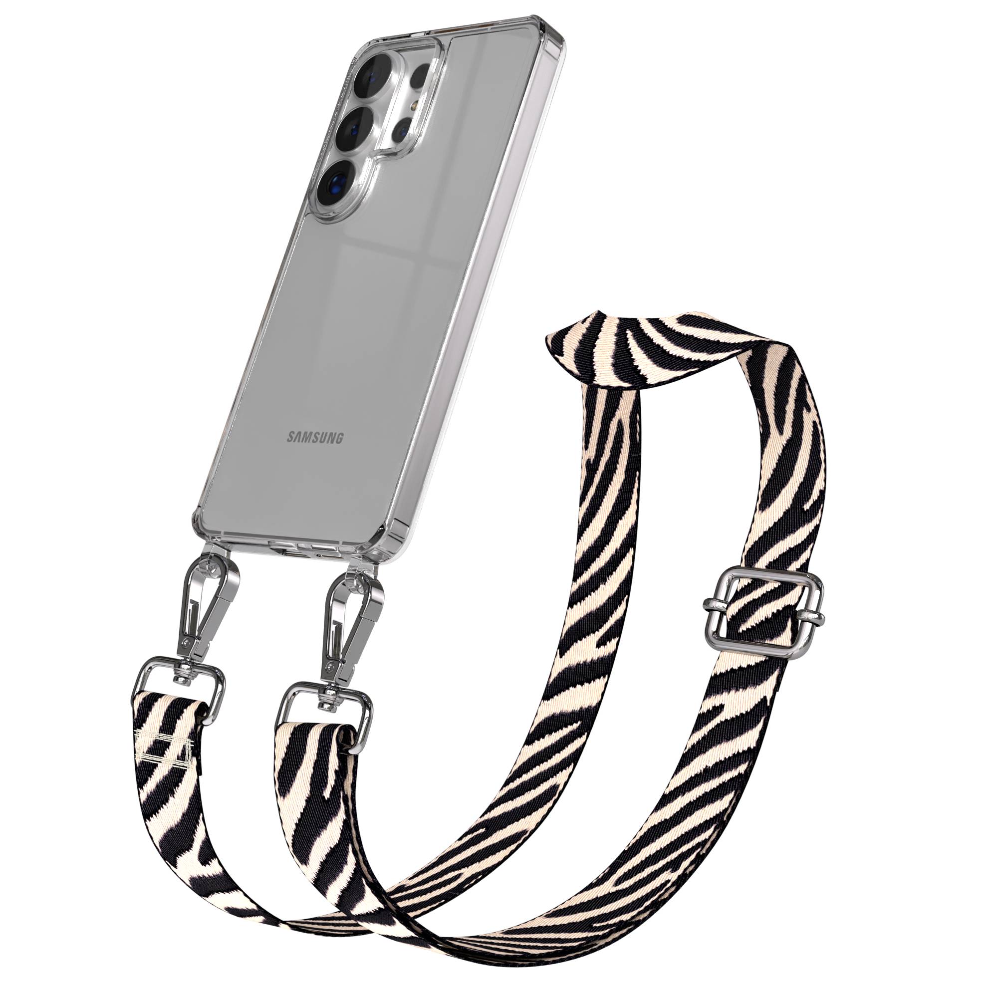 Samsung Galaxy S26 Ultra Handykette mit Boho Band verstellbar #farbe_hellbraun-braun-metallfarbe-silber