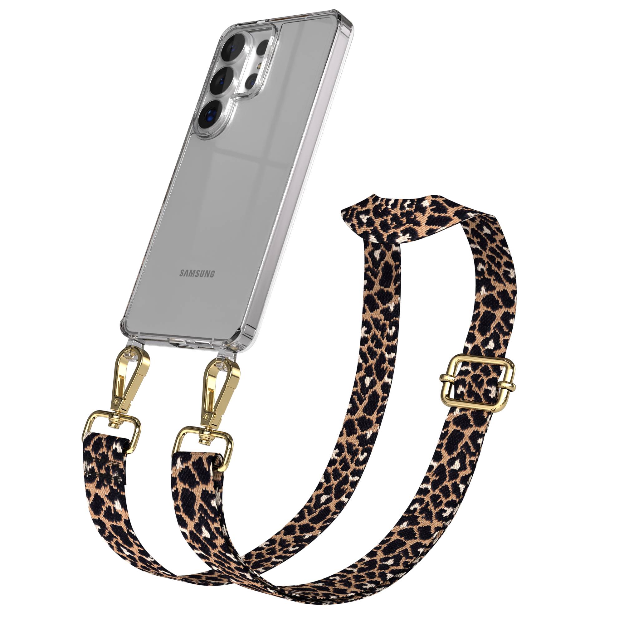 Samsung Galaxy S26 Ultra Handykette mit verstellbarem Boho Band zum Umhängen #farbe_leo-braun-schwarz-metallfarbe-gold