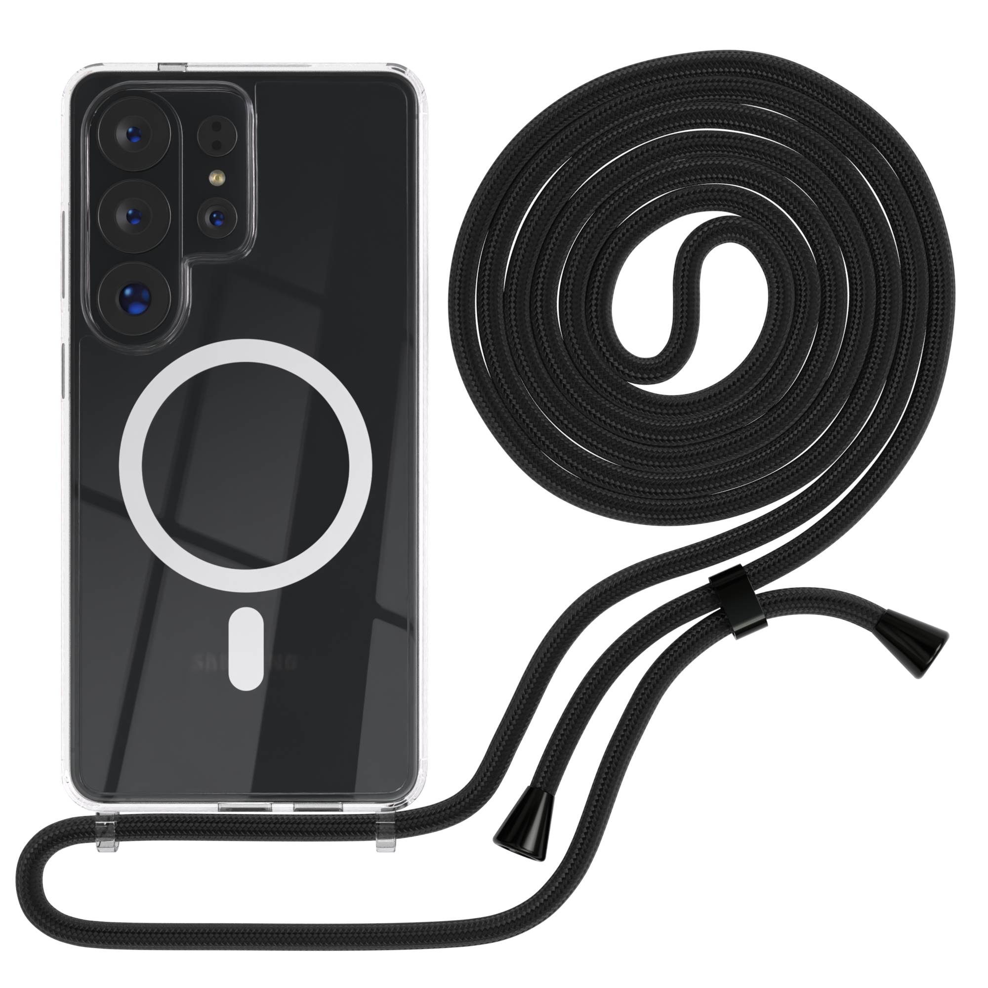Samsung Galaxy S26 Ultra transparente Handykette mit MagSafe und verstellbarer Kordel #farbe_schwarz-clips-silber