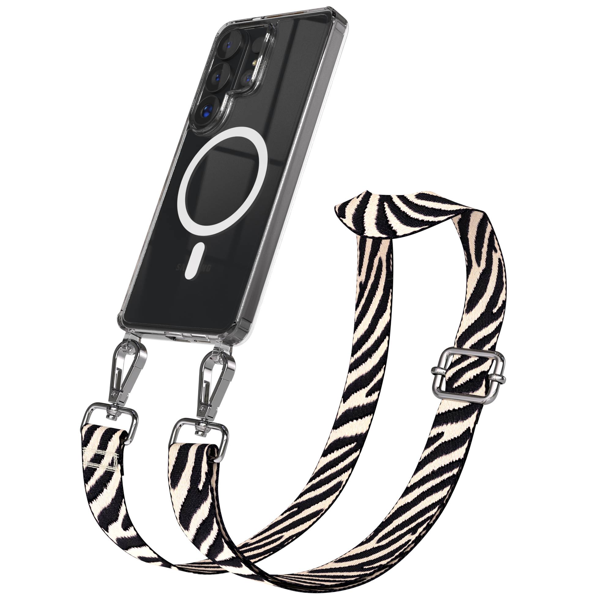 Samsung Galaxy S26 Ultra Handykette MagSafe Boho Band verstellbar EAZY CASE #farbe_hellbraun-braun-metallfarbe-silber