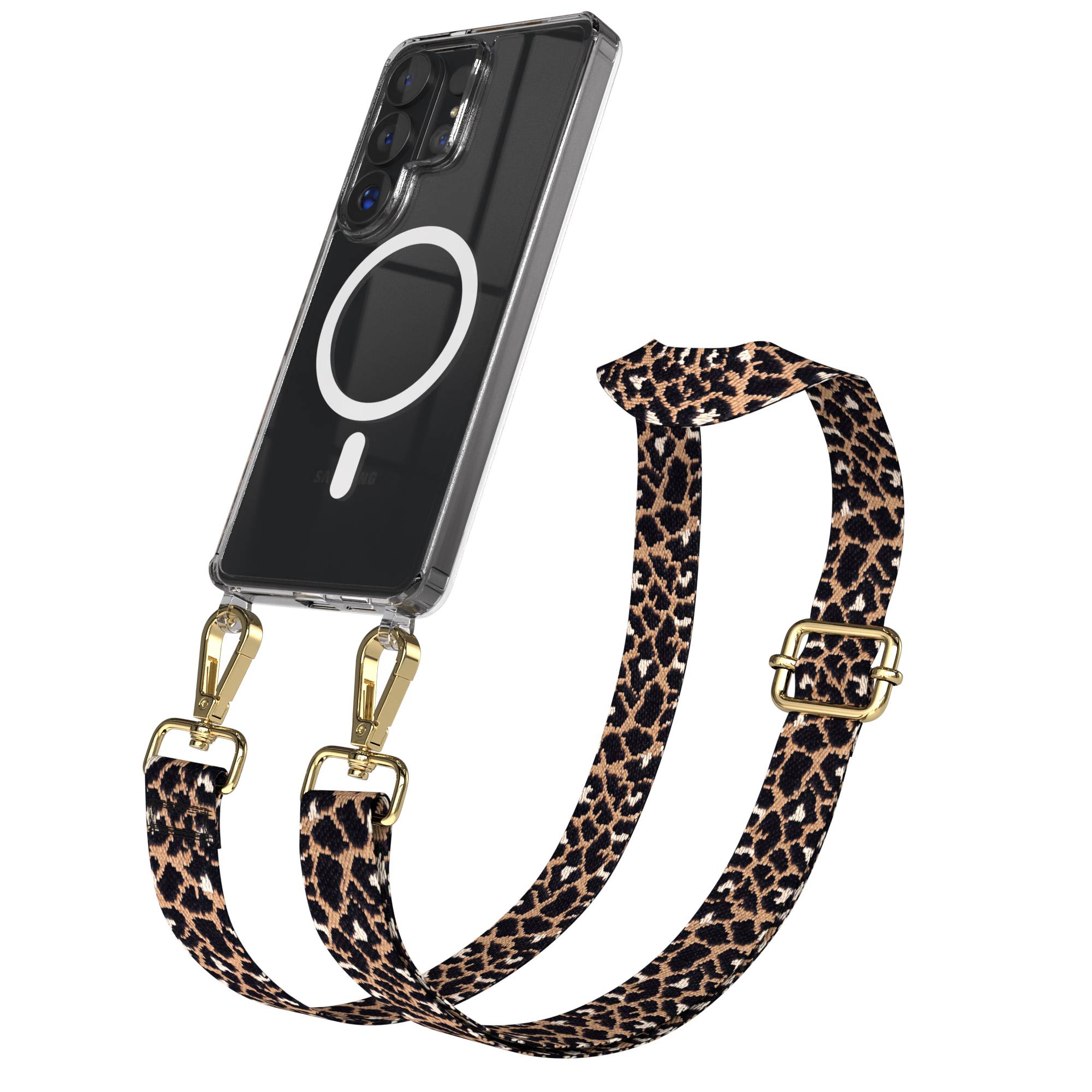 Samsung Galaxy S26 Ultra Handykette MagSafe mit Boho Band Set #farbe_leo-braun-schwarz-metallfarbe-gold