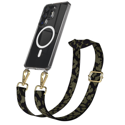 Samsung Galaxy S26 Ultra Handykette MagSafe mit Boho Band Set #farbe_dunkelgrun-camouflage-metallfarbe-gold