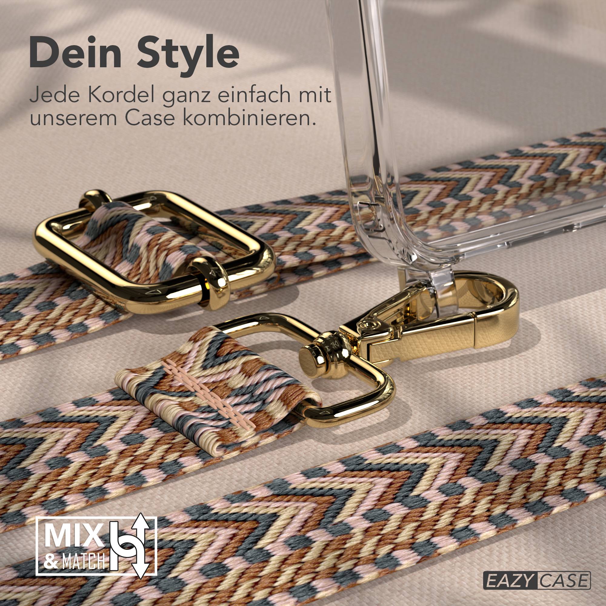 Samsung Galaxy A17 Handykette mit Boho Band und verstellbarem Trageriemen #farbe_hellbraun-braun-metallfarbe-gold