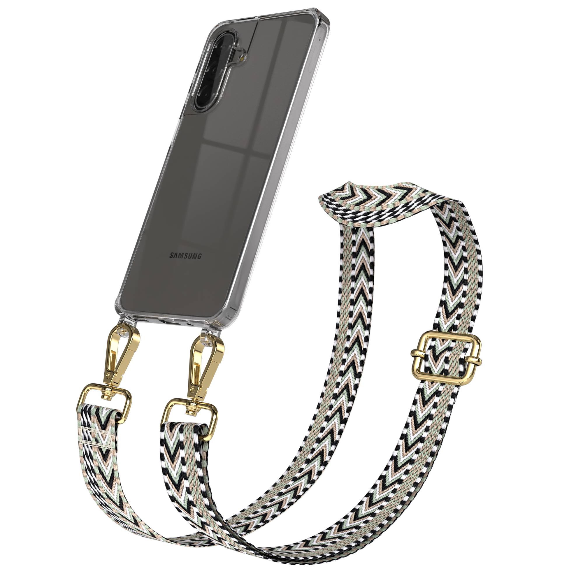 Samsung Galaxy A17 Handykette mit Boho Band und verstellbarem Trageriemen #farbe_grun-schwarz-metallfarbe-gold