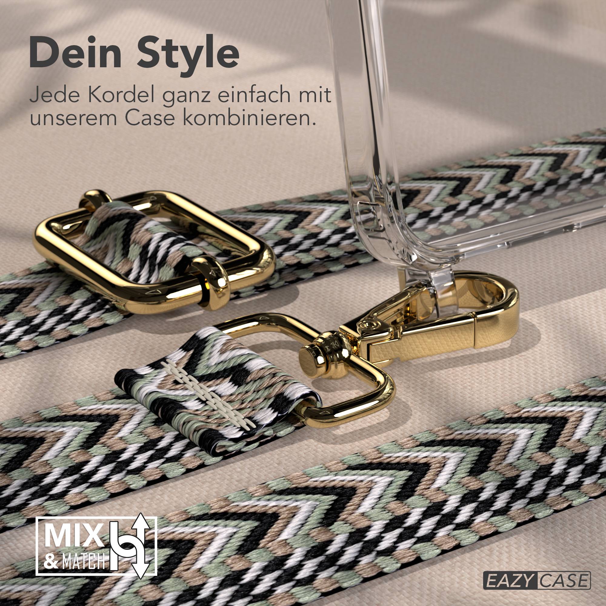 Samsung Galaxy A17 Handykette mit Boho Band und verstellbarem Trageriemen #farbe_grun-schwarz-metallfarbe-gold