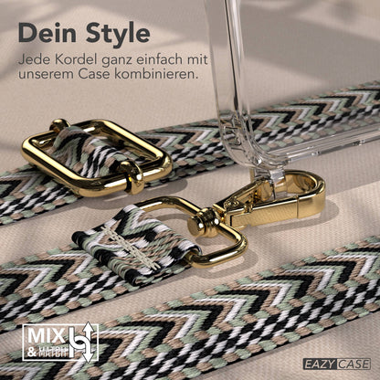 Samsung Galaxy A17 Handykette mit Boho Band und verstellbarem Trageriemen #farbe_grun-schwarz-metallfarbe-gold