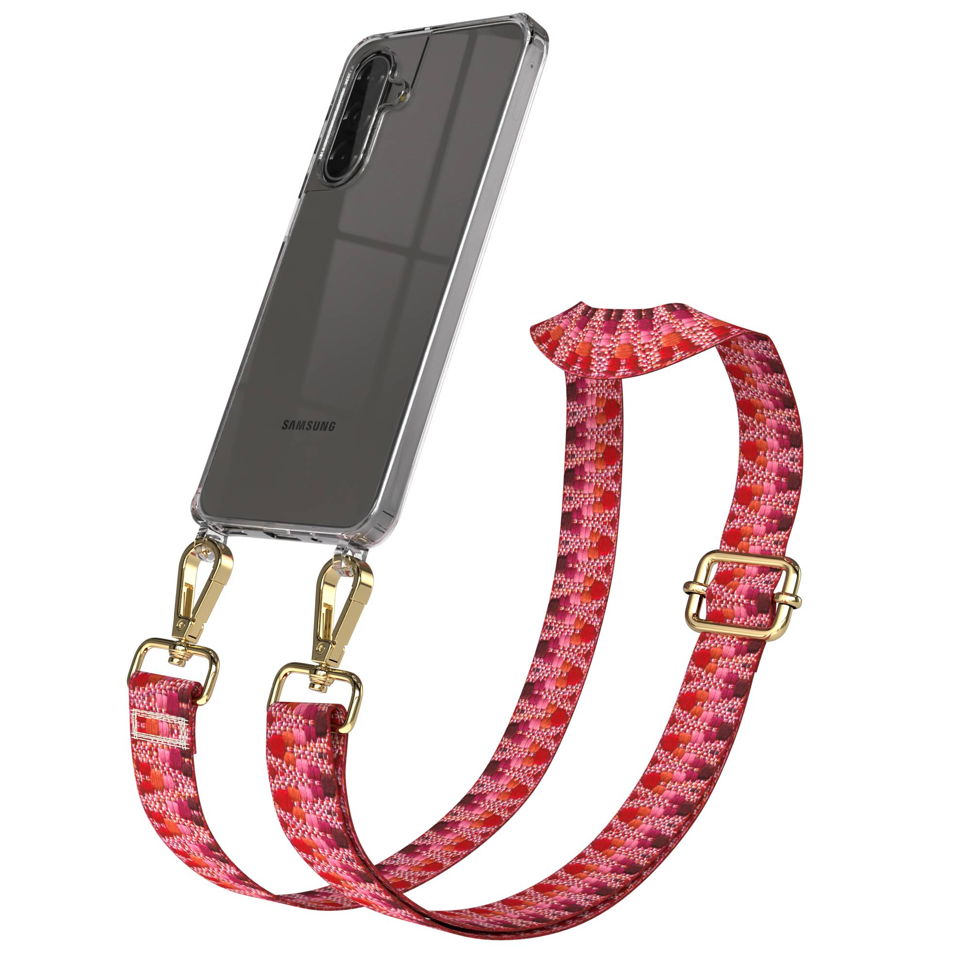 Samsung Galaxy A17 Handykette mit Boho Band und verstellbarem Trageriemen #farbe_beere-metallfarbe-gold