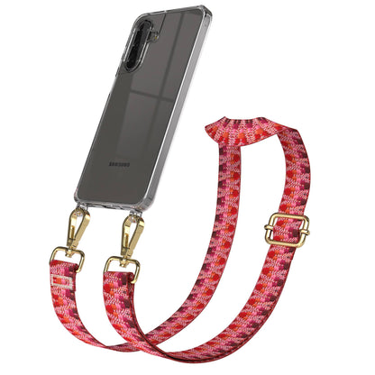 Samsung Galaxy A17 Handykette mit Boho Band und verstellbarem Trageriemen #farbe_beere-metallfarbe-gold