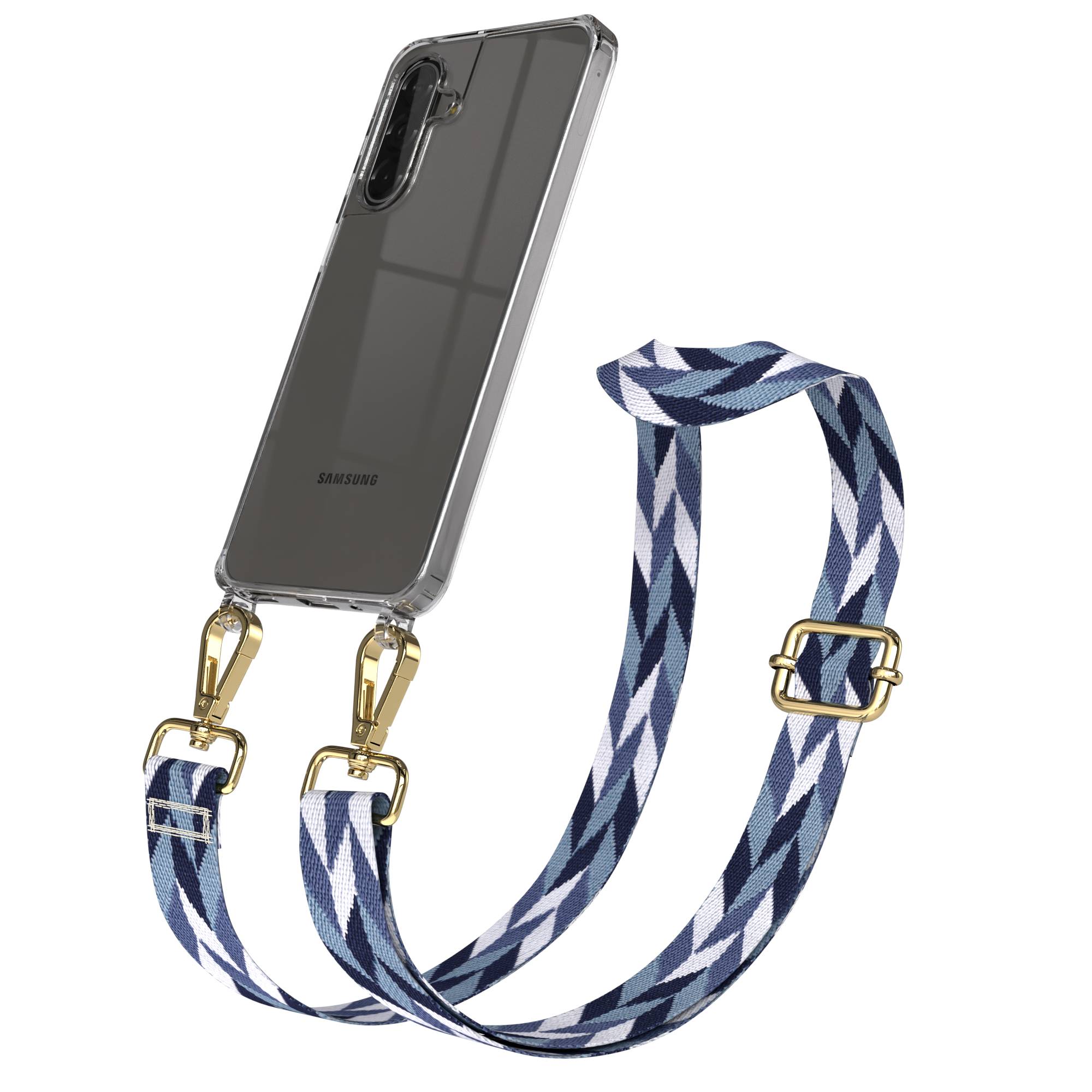 Samsung Galaxy A17 Handykette mit verstellbarem Boho Band EAZY CASE #farbe_blau-mix-metallfarbe-gold