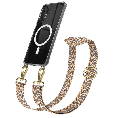 Samsung Galaxy A17 Handykette MagSafe Boho Band verstellbar EAZY CASE #farbe_hellbraun-braun-metallfarbe-gold