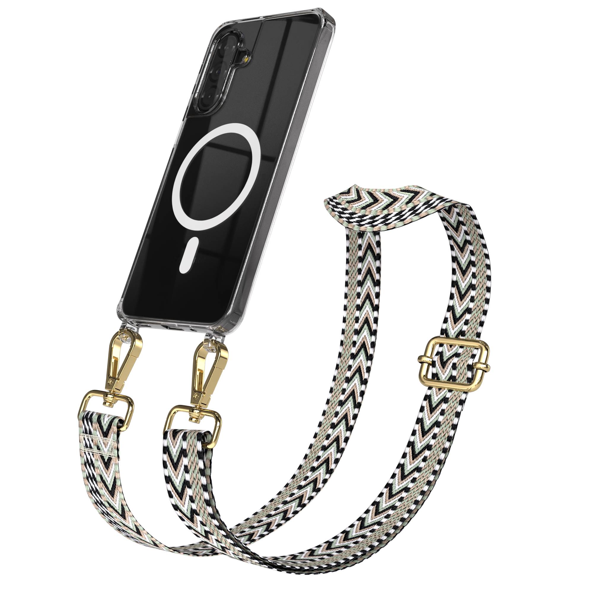 Samsung Galaxy A17 Handykette MagSafe Boho Band verstellbar EAZY CASE #farbe_grun-schwarz-metallfarbe-gold