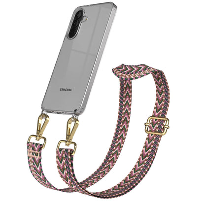 Samsung Galaxy A37 Handykette mit verstellbarem Boho Band Umhängeriemen #farbe_beere-rosa-metallfarbe-gold