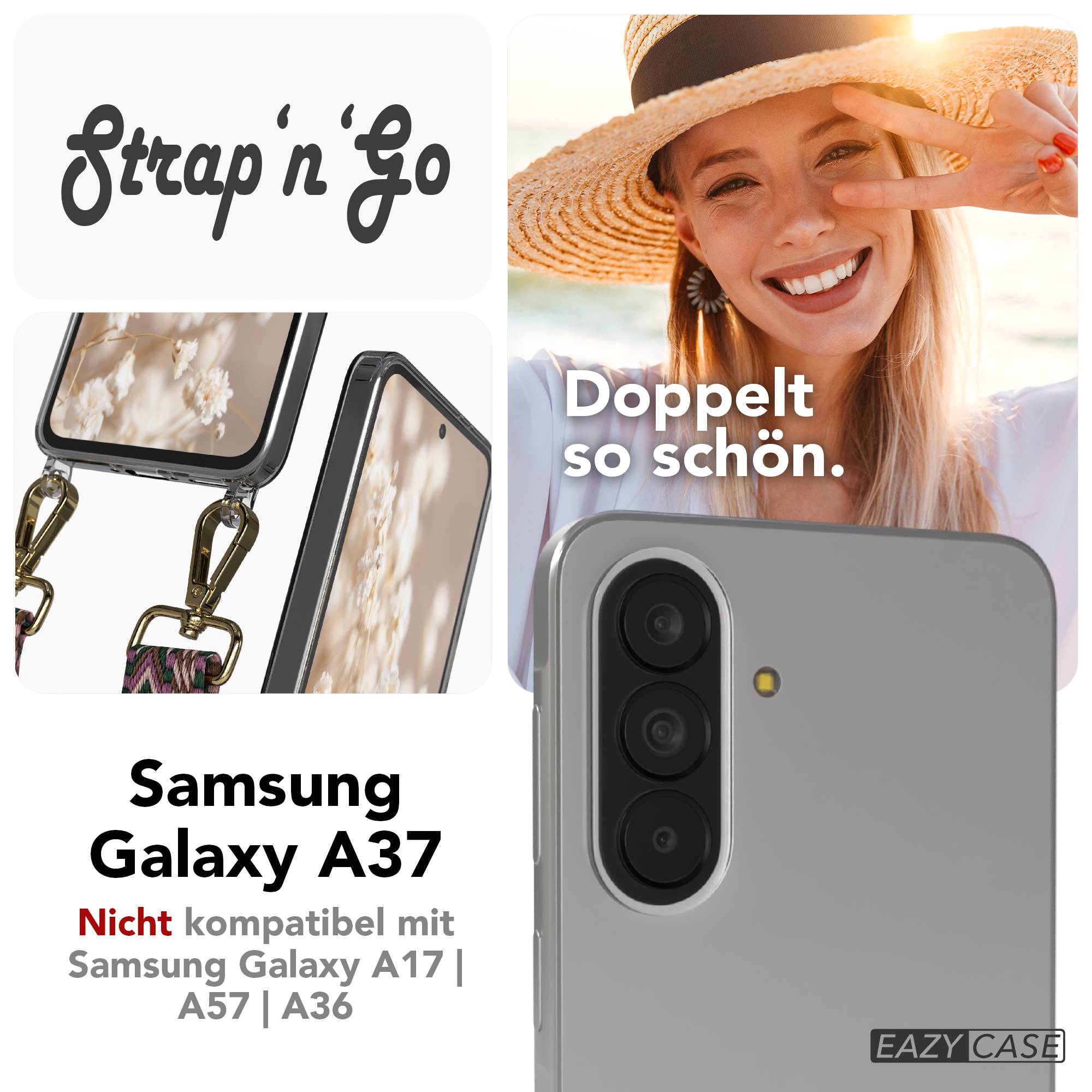 Samsung Galaxy A37 Handykette mit verstellbarem Boho Band Umhängeriemen #farbe_beere-rosa-metallfarbe-gold